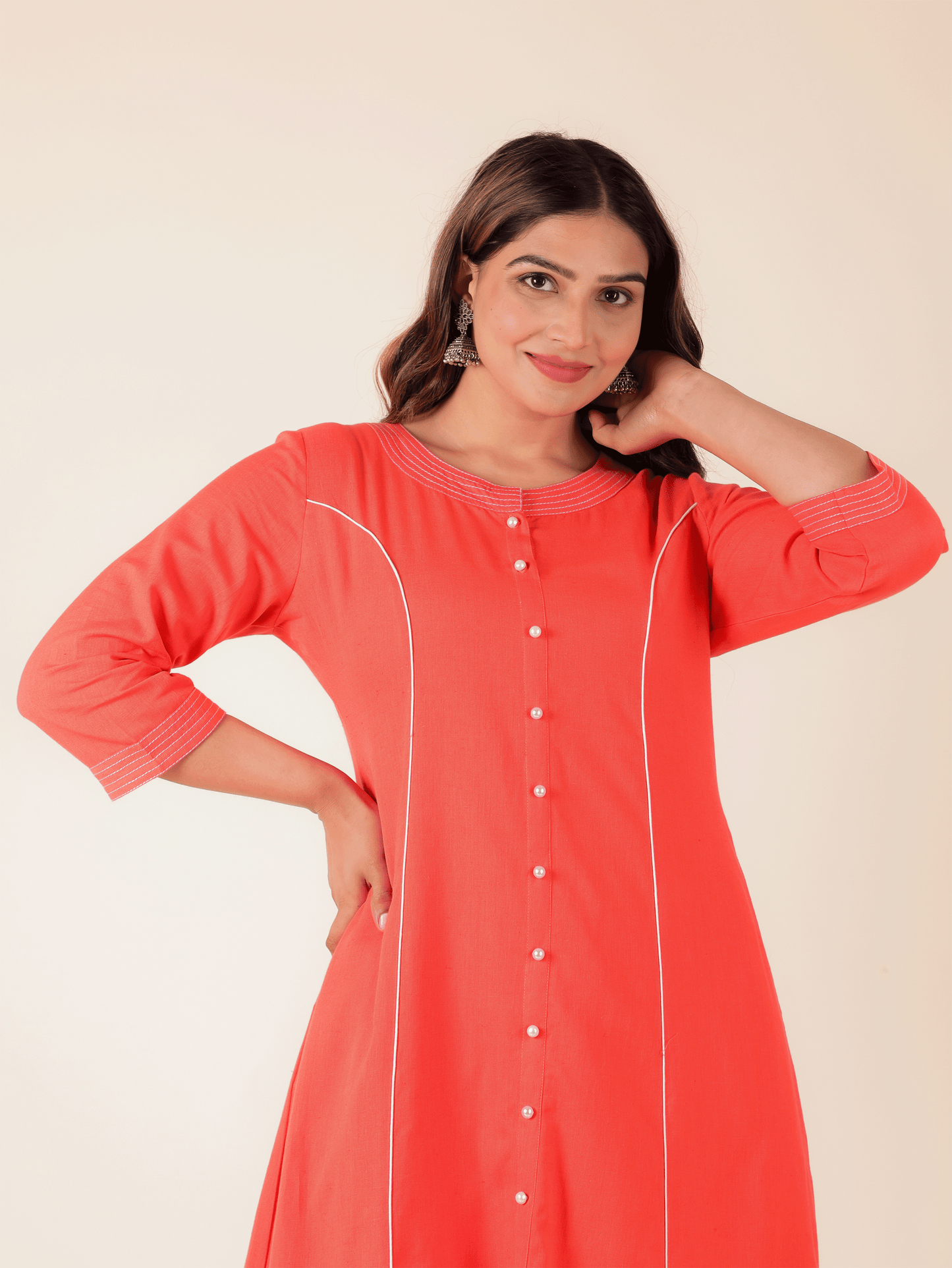 Linen Cotton Solid A-line Orange Kurta