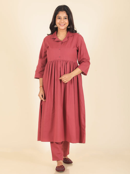 Linen Cotton Solid A-line Pink Kurta