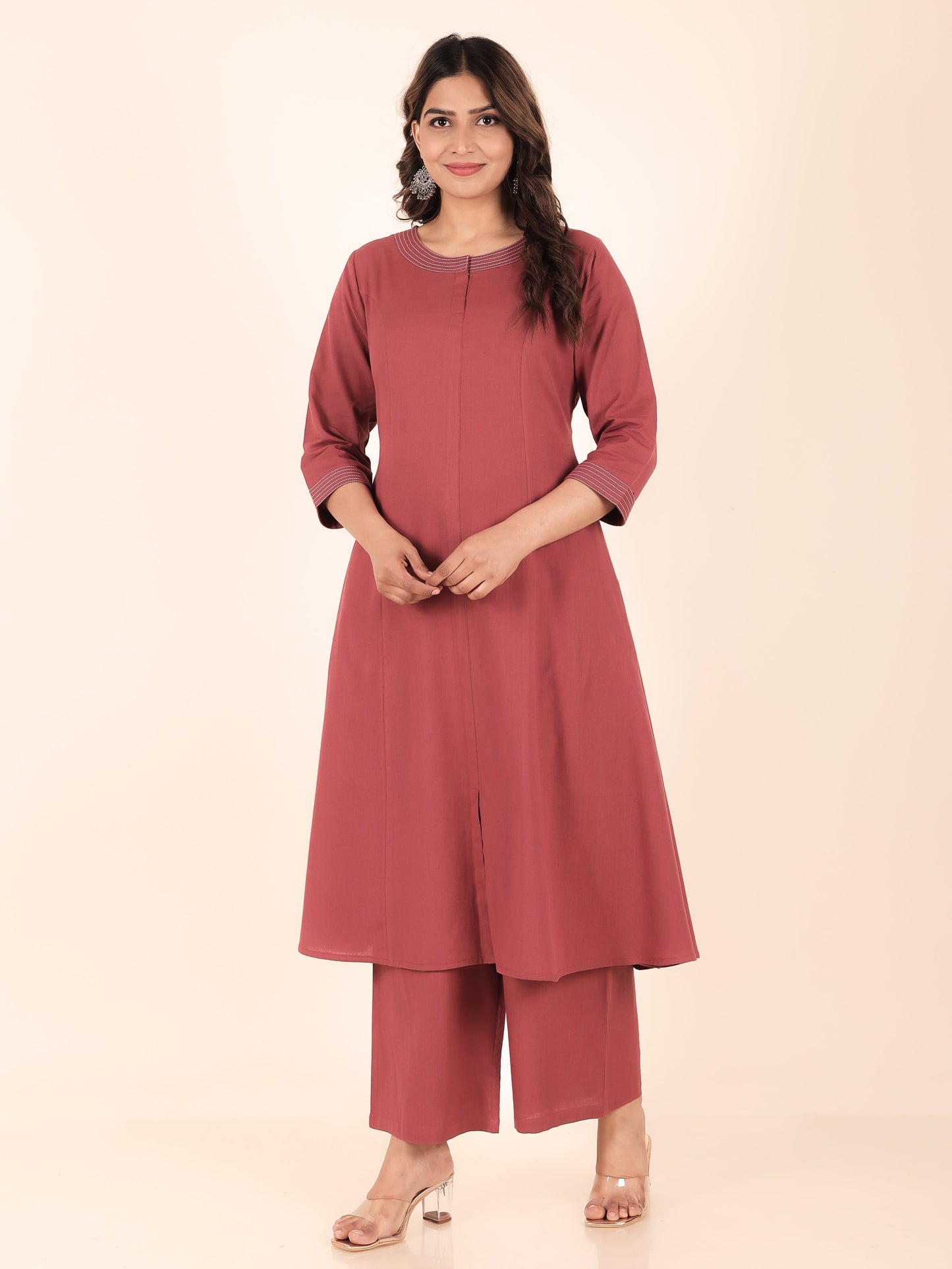 Linen Cotton Solid A-line Pink Kurta