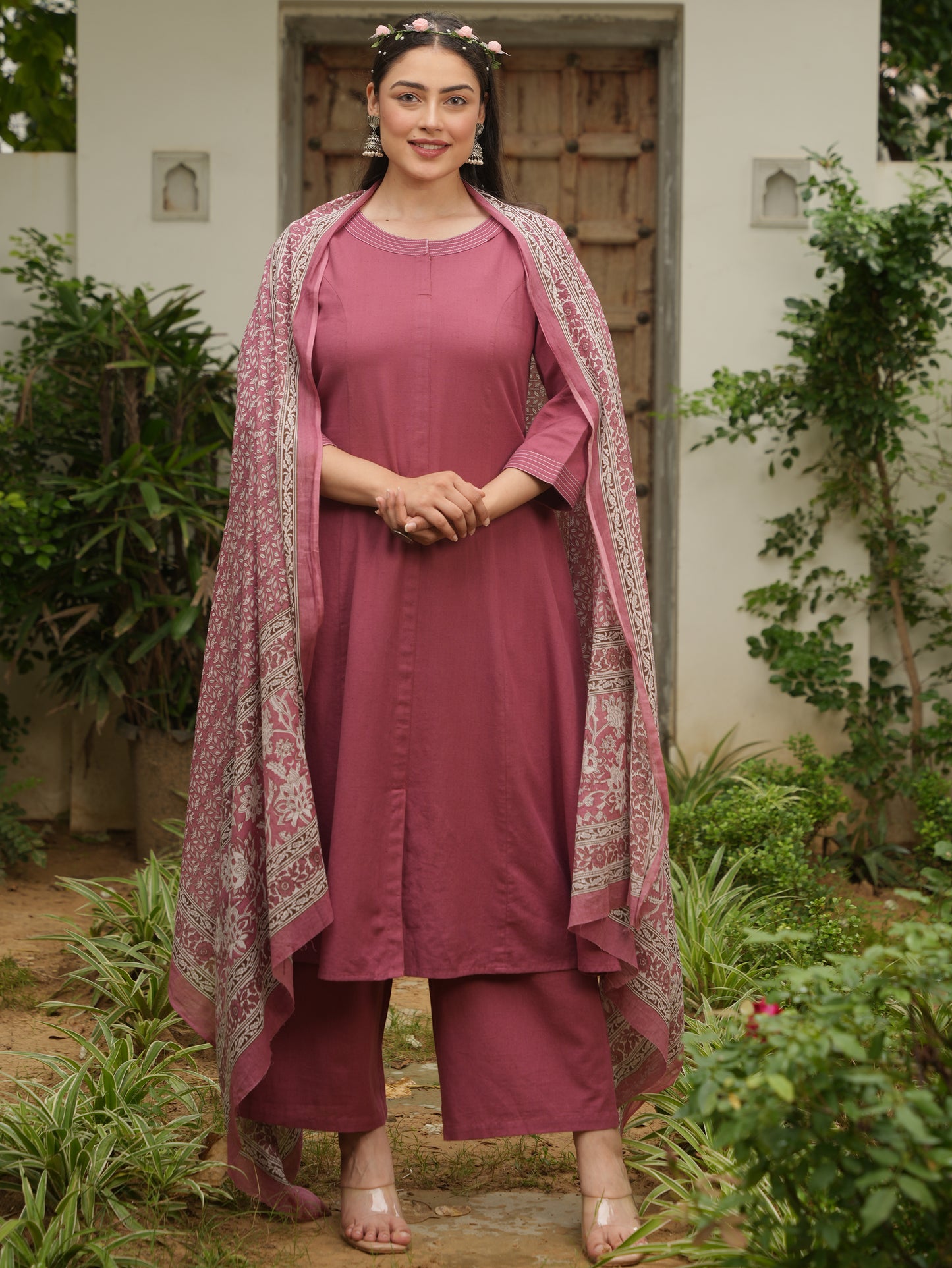 Linen Cotton Solid Flared Rust Kurta