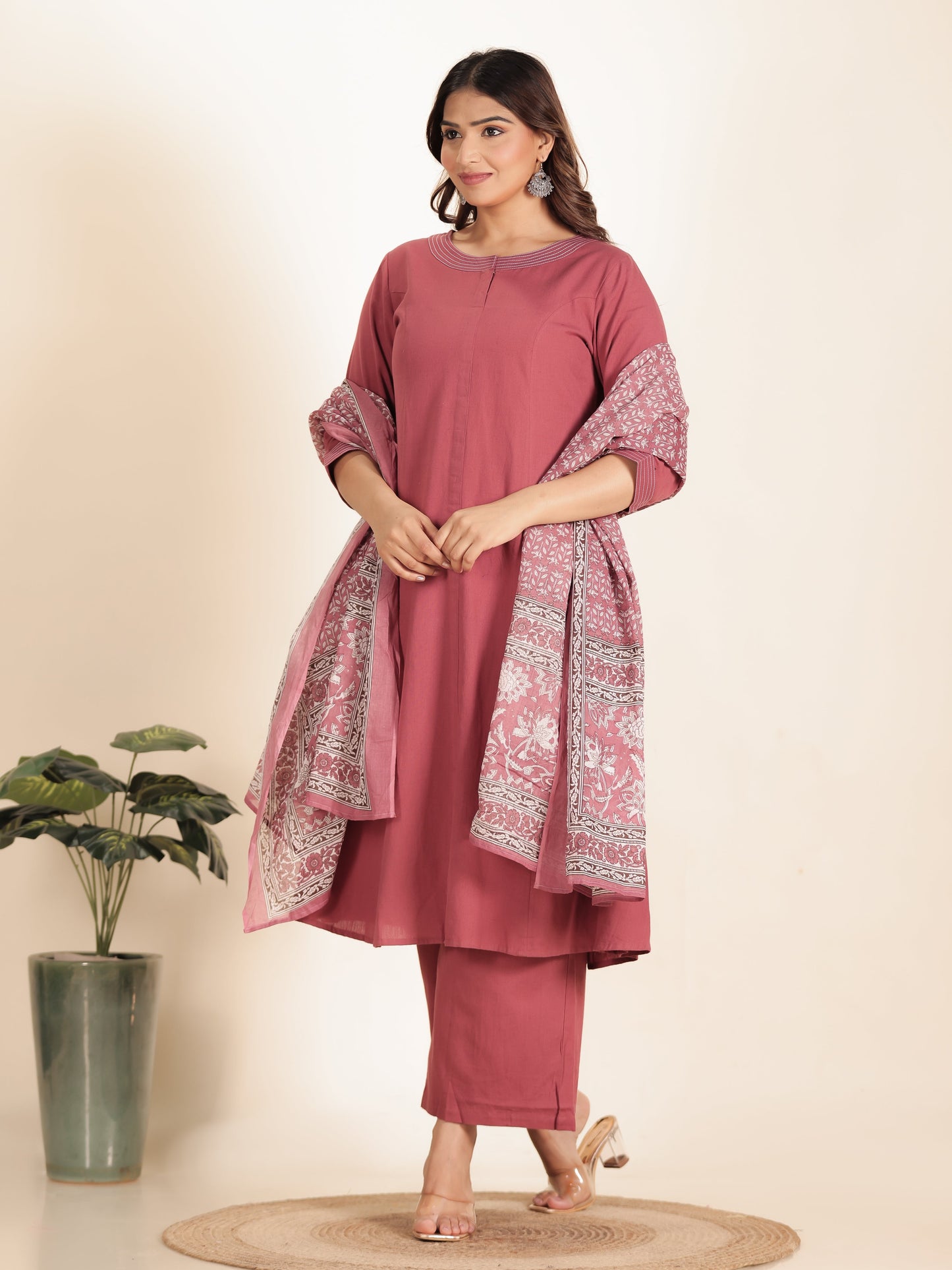 Linen Cotton Solid A-line Pink Kurta