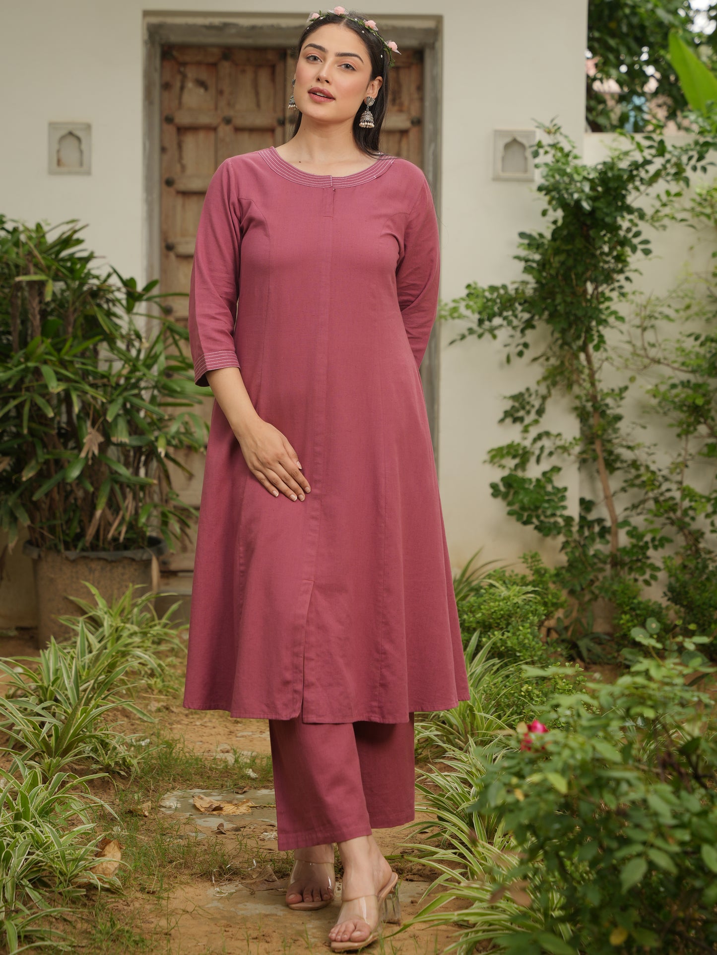 Linen Cotton Solid Flared Rust Kurta