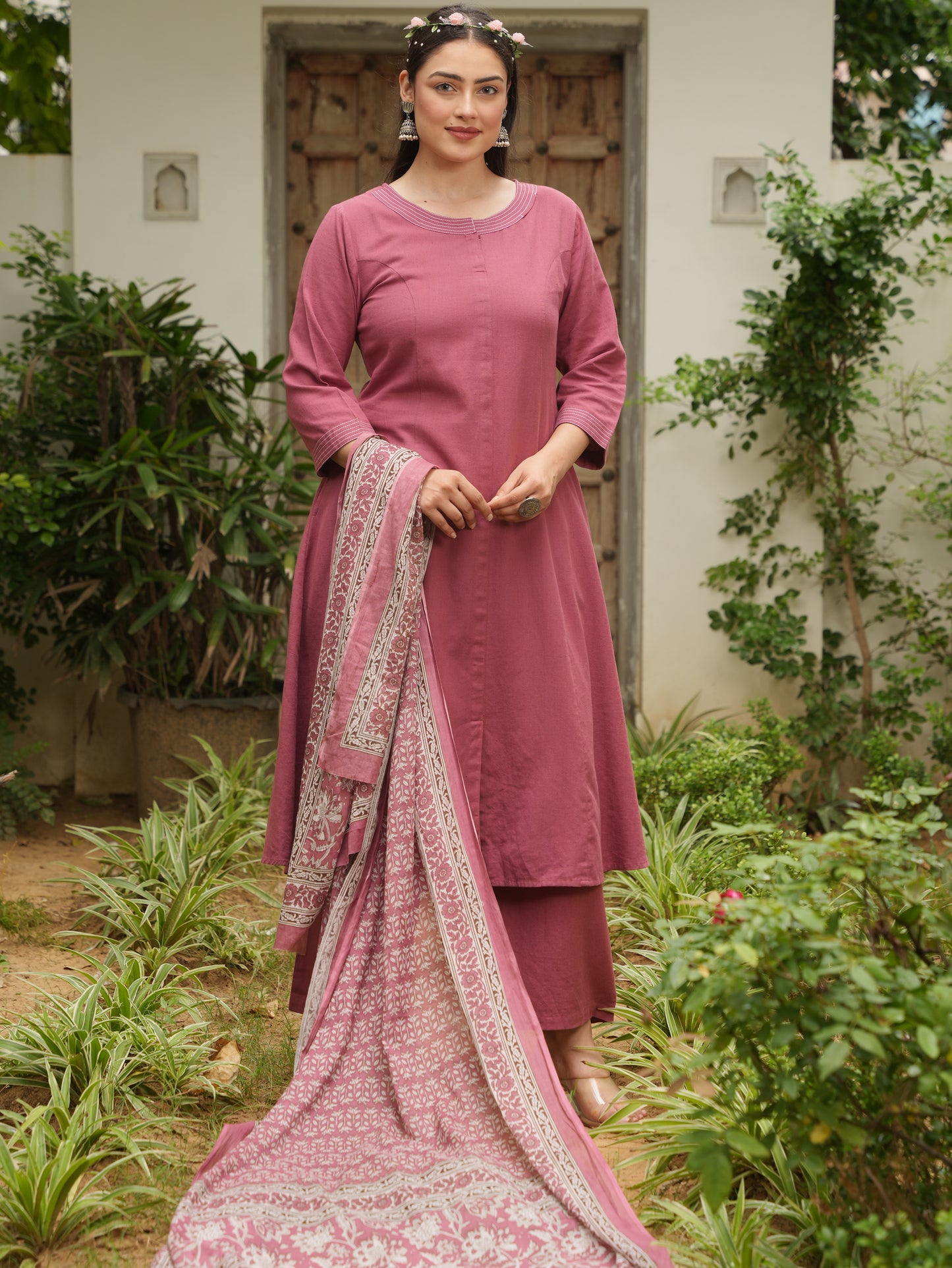 Linen Cotton Solid Flared Rust Kurta