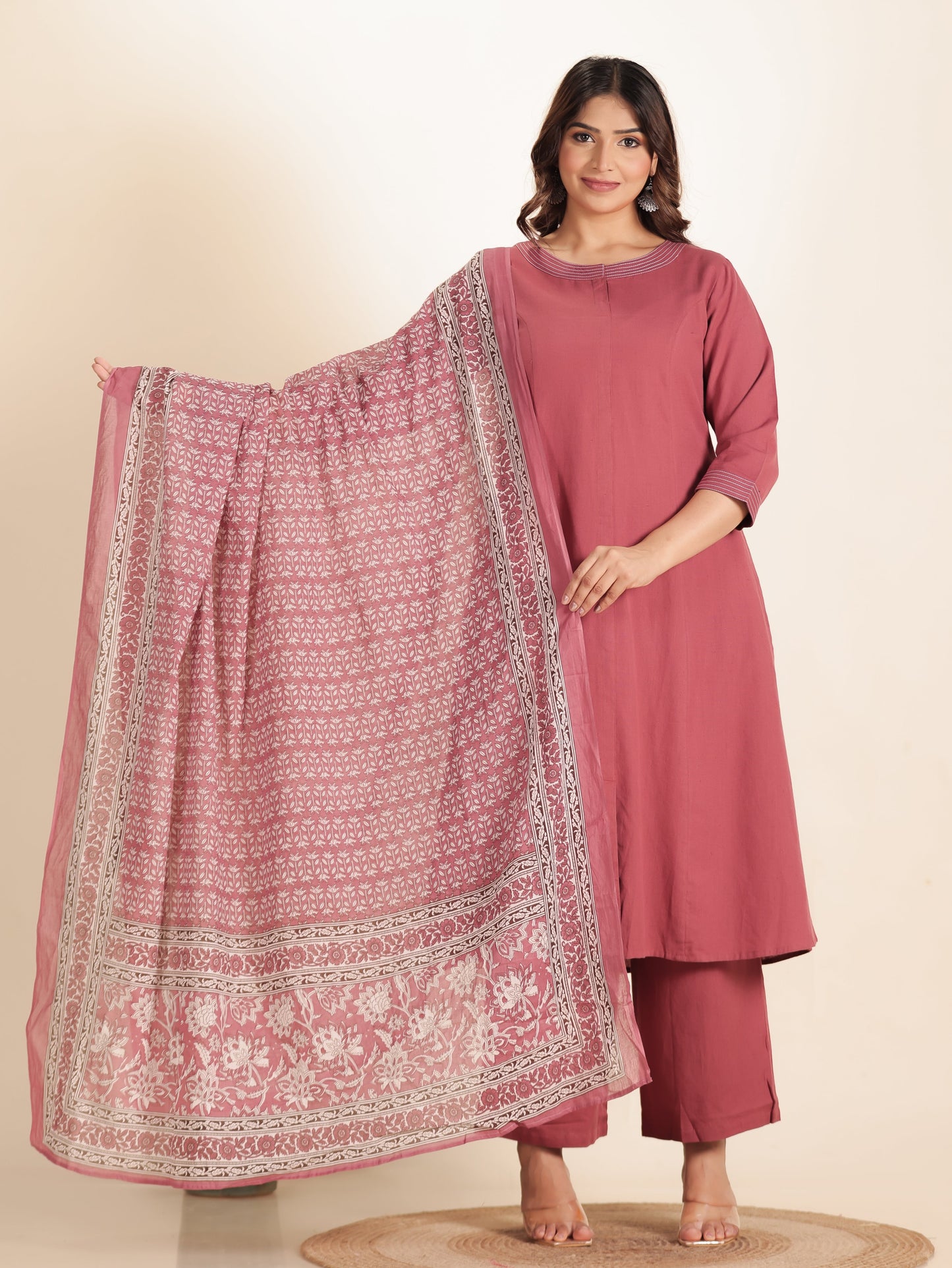Linen Cotton Solid A-line Pink Kurta