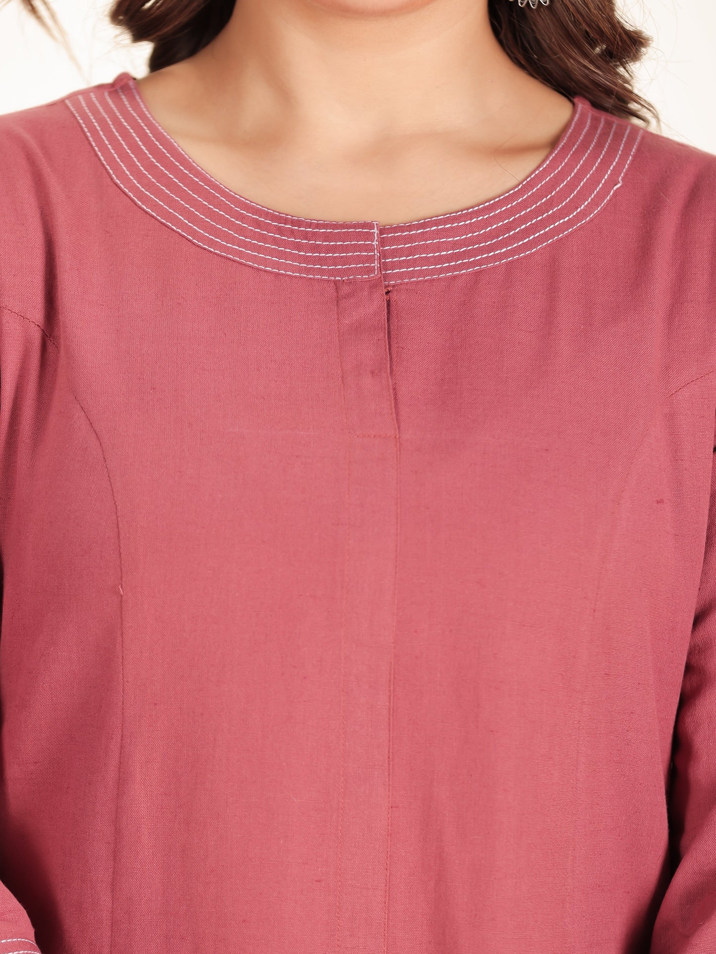 Linen Cotton Solid A-line Pink Kurta