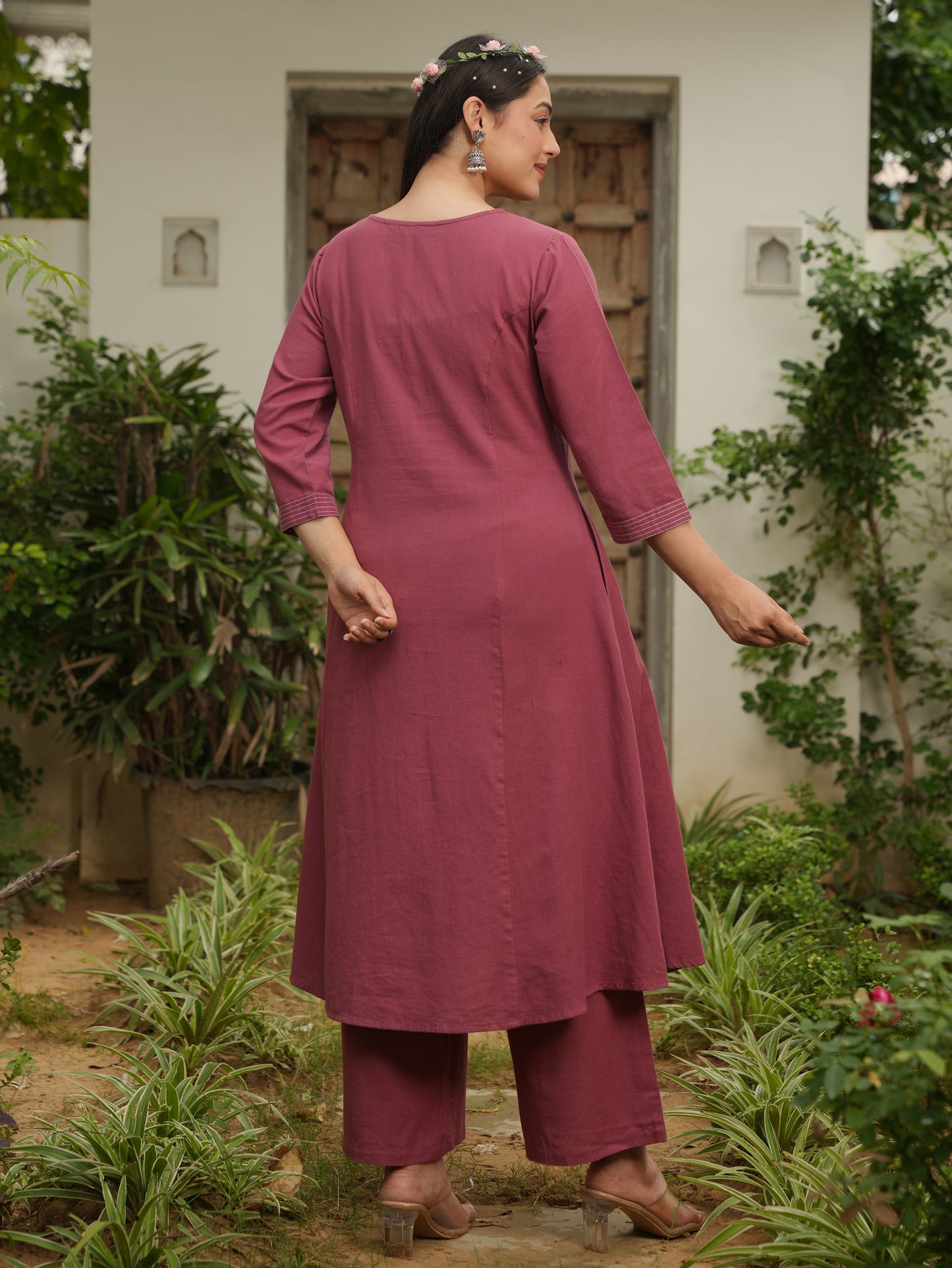 Linen Cotton Solid Flared Rust Kurta