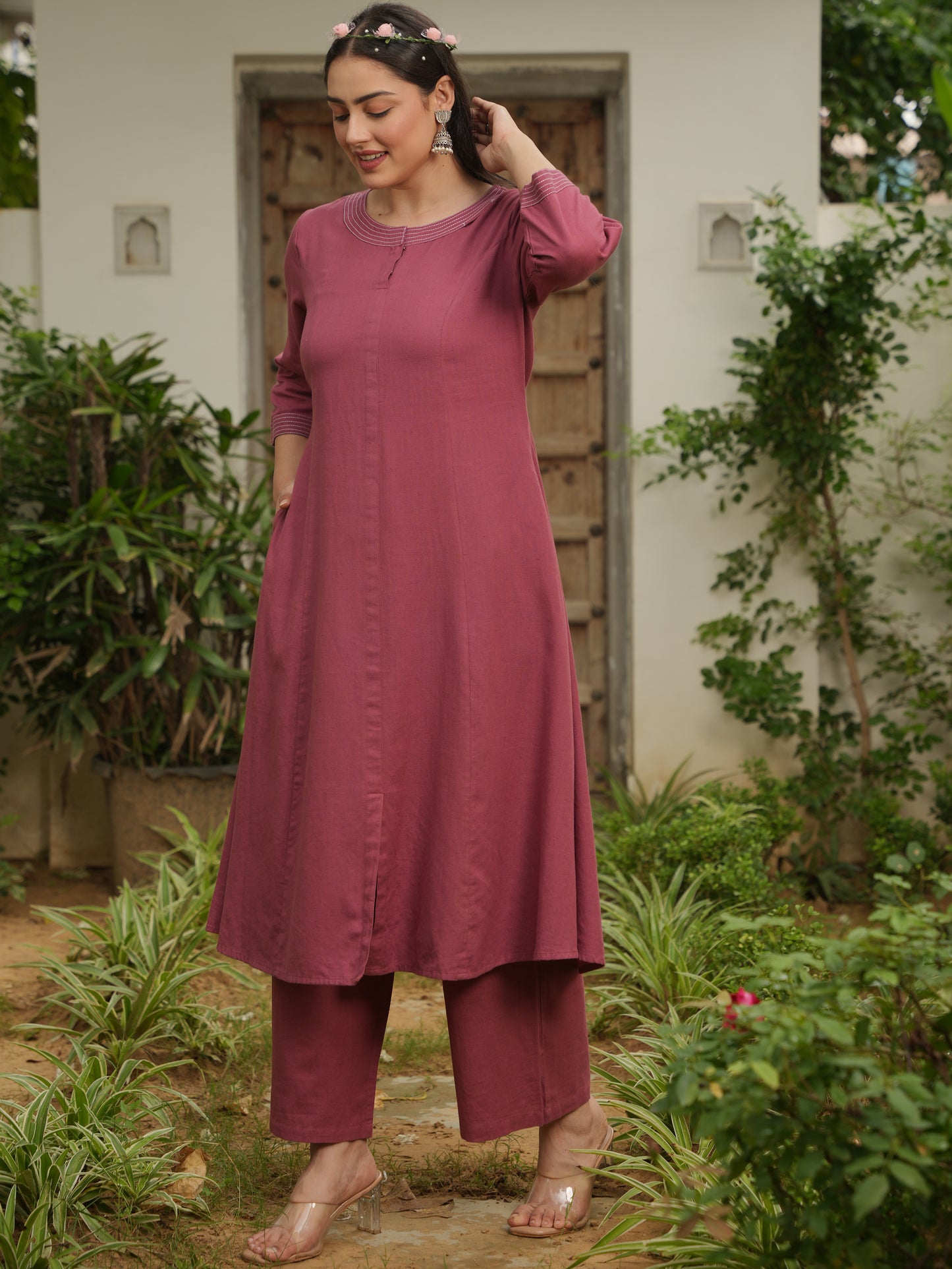 Linen Cotton Solid Flared Rust Kurta