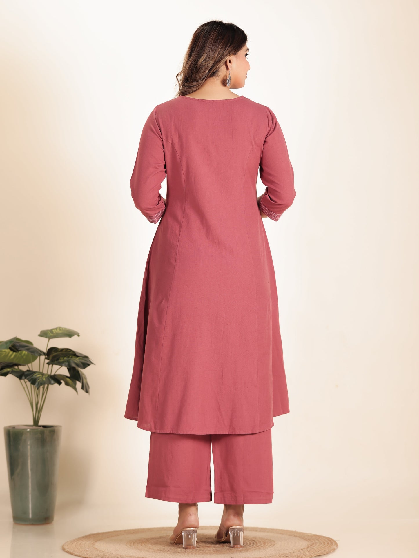 Linen Cotton Solid A-line Pink Kurta