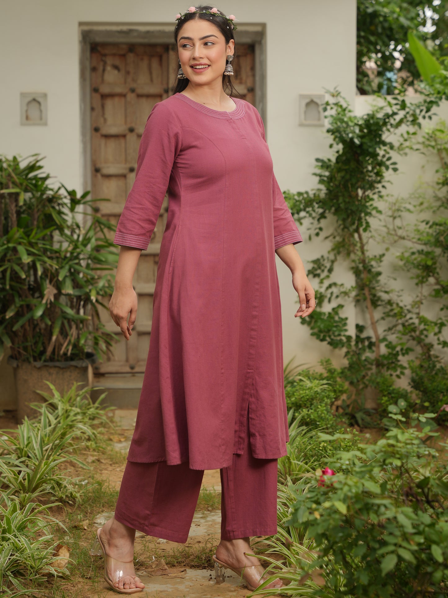 Linen Cotton Solid Flared Rust Kurta