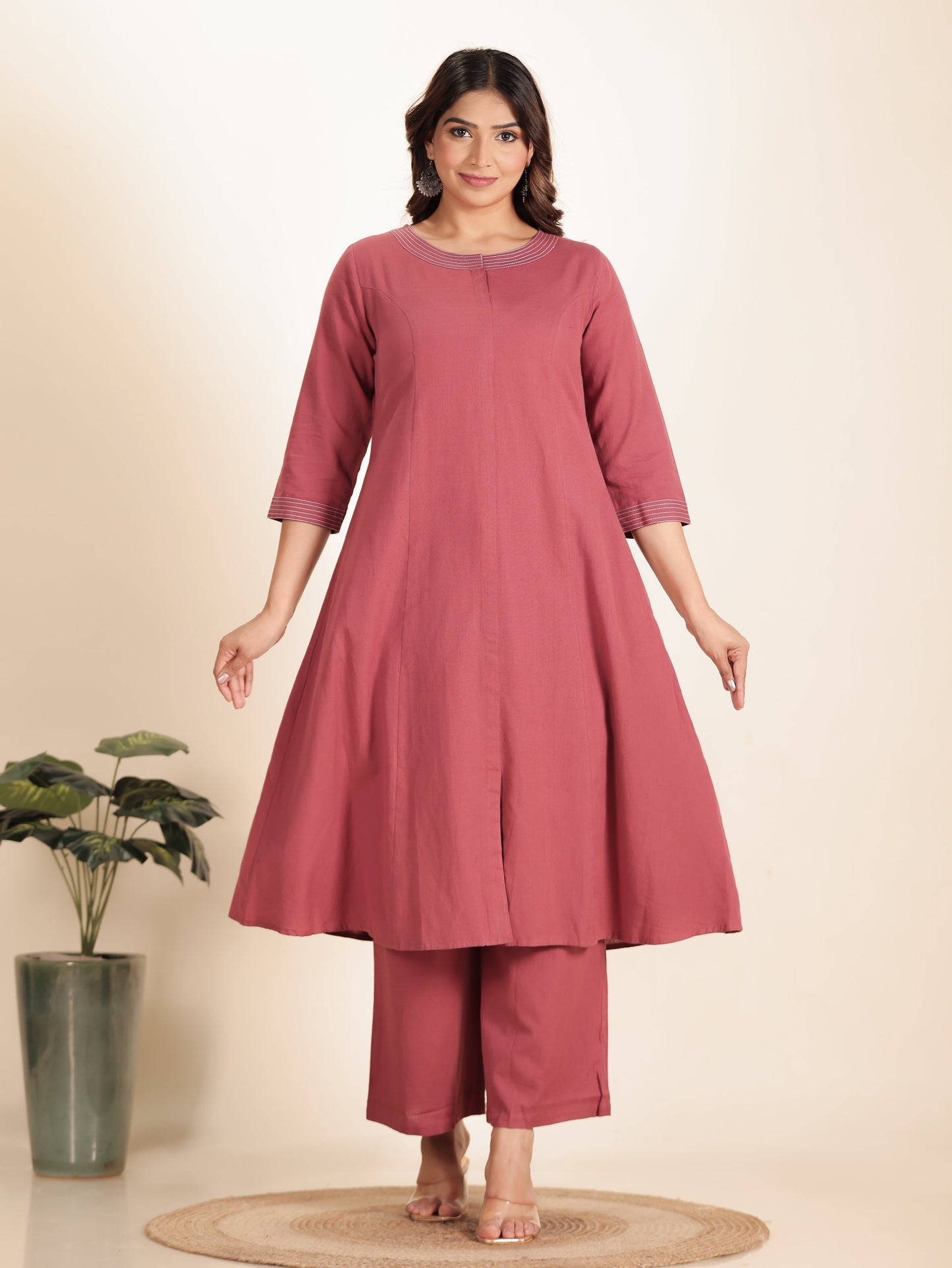 Linen Cotton Solid A-line Pink Kurta