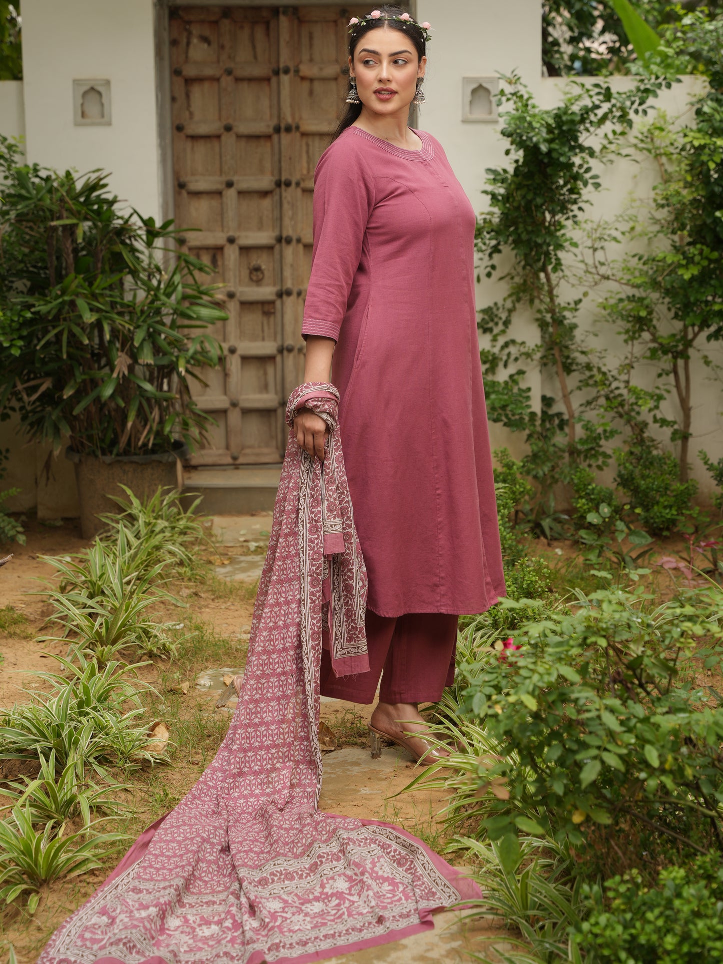 Linen Cotton Solid Flared Rust Kurta