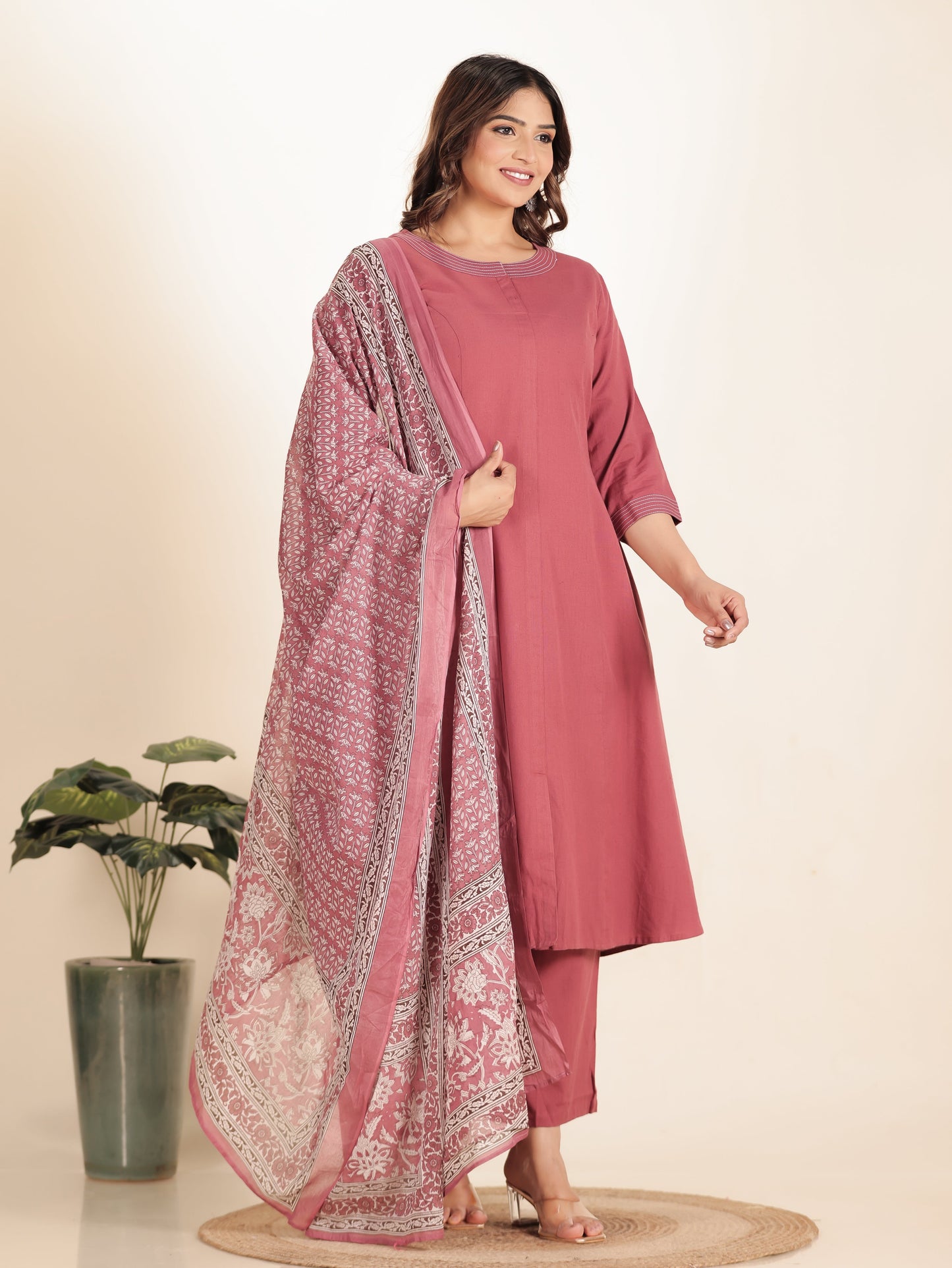 Linen Cotton Solid A-line Pink Kurta