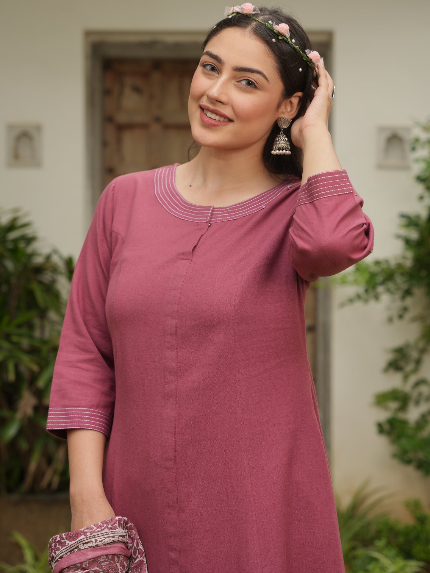 Linen Cotton Solid Flared Rust Kurta