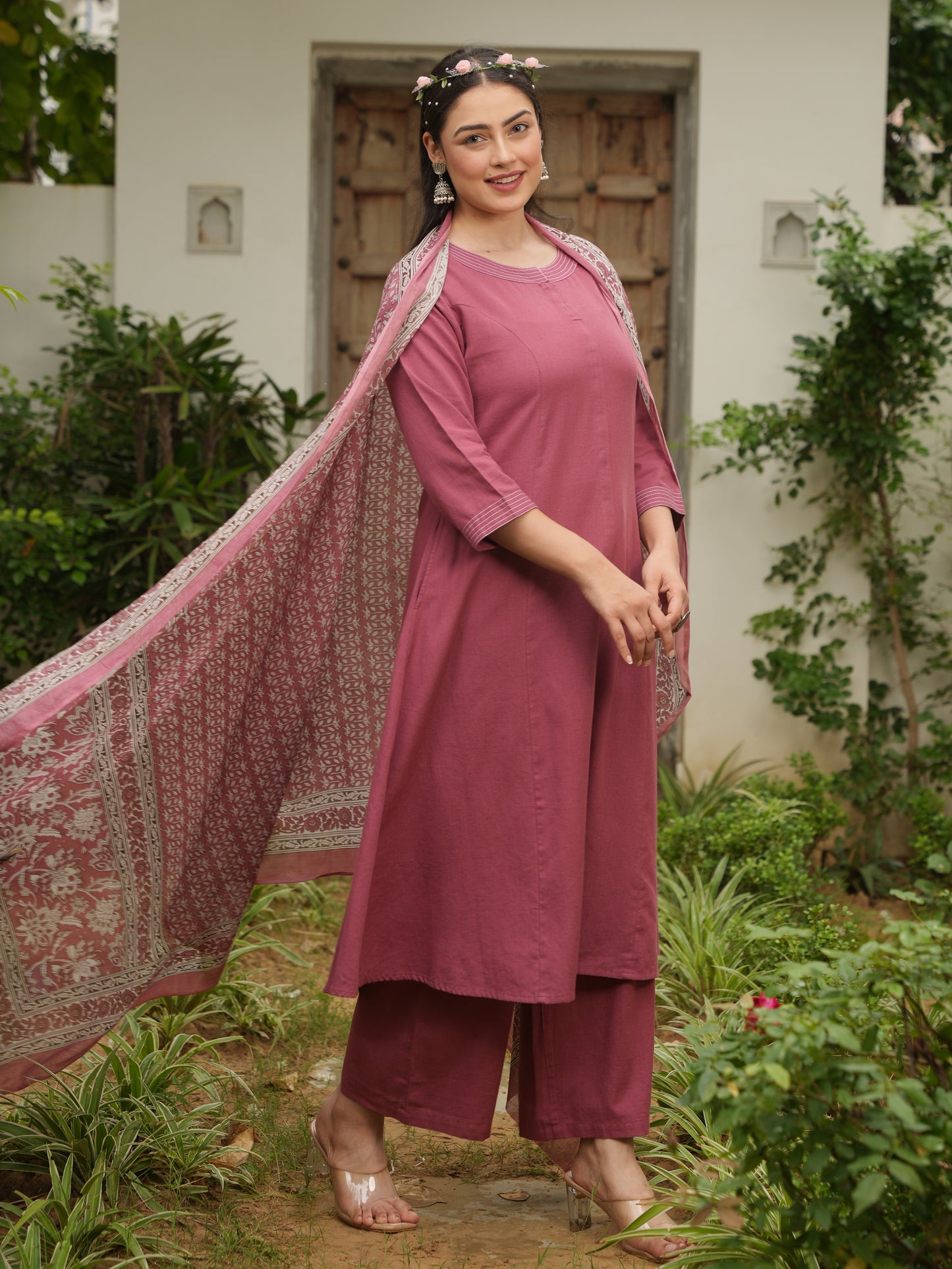 Linen Cotton Solid Flared Rust Kurta