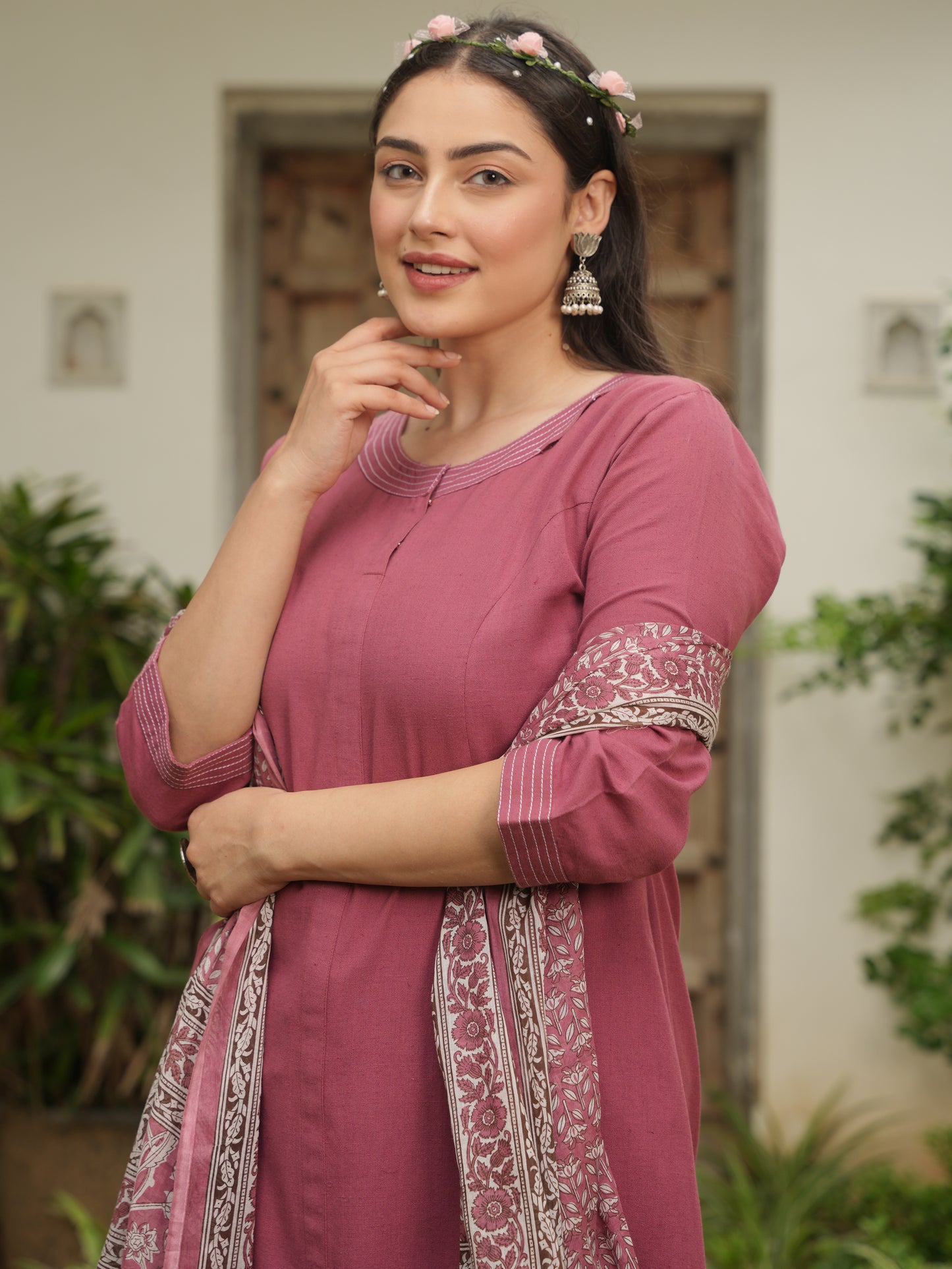 Linen Cotton Solid Flared Rust Kurta