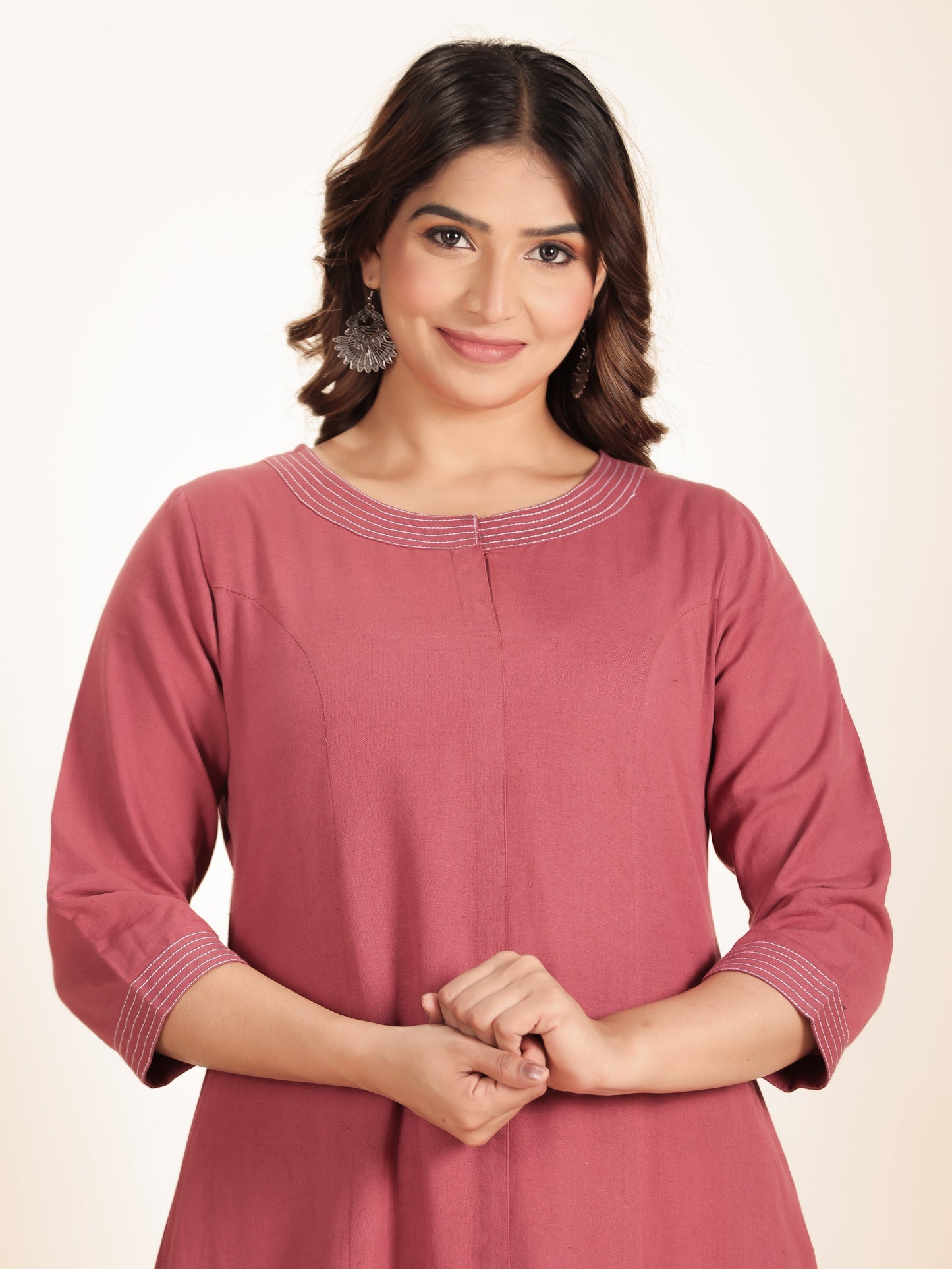 Linen Cotton Solid A-line Pink Kurta