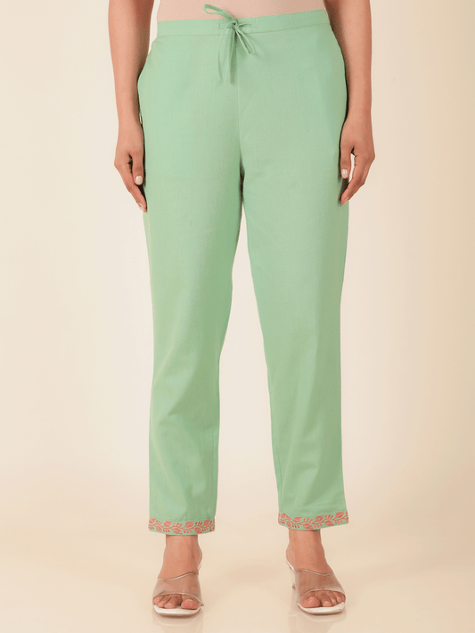 Linen Cotton Solid Green Tapered Trousers
