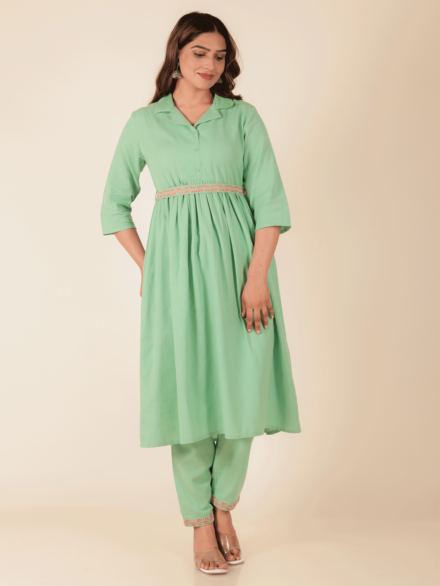 Linen Cotton Solid A-line Green Kurta