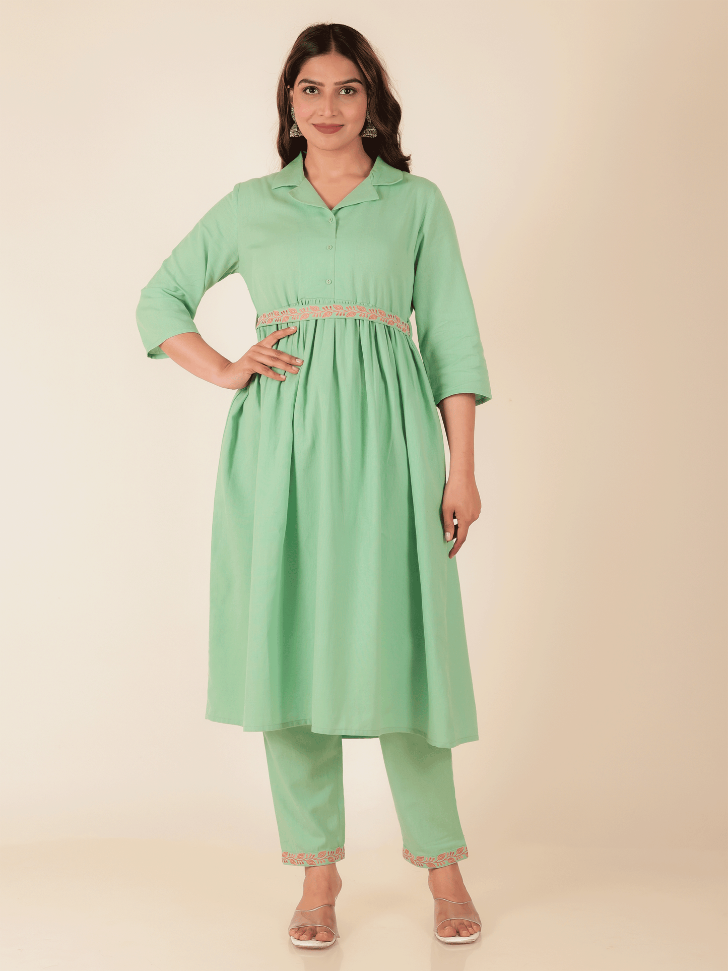 Linen Cotton Solid A-line Green Kurta