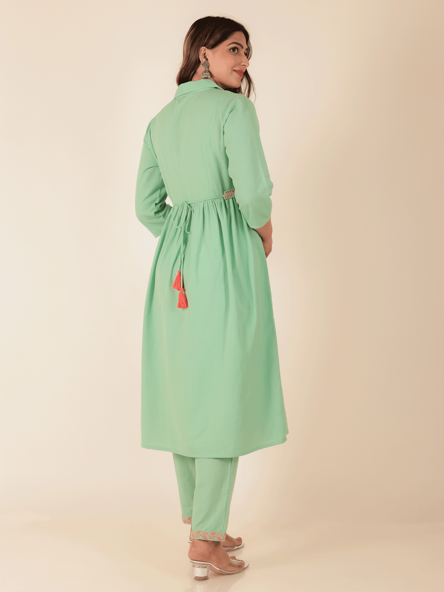 Linen Cotton Solid A-line Green Kurta