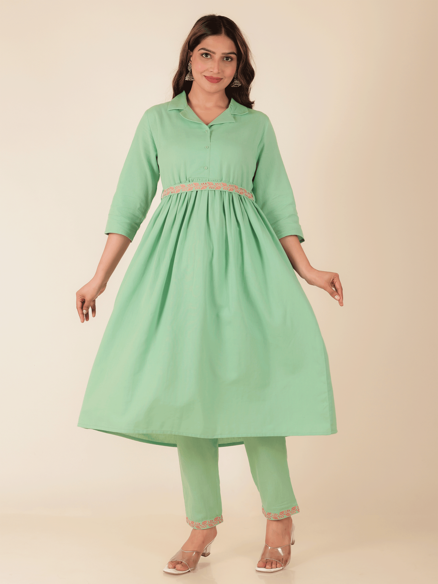 Linen Cotton Solid A-line Green Kurta