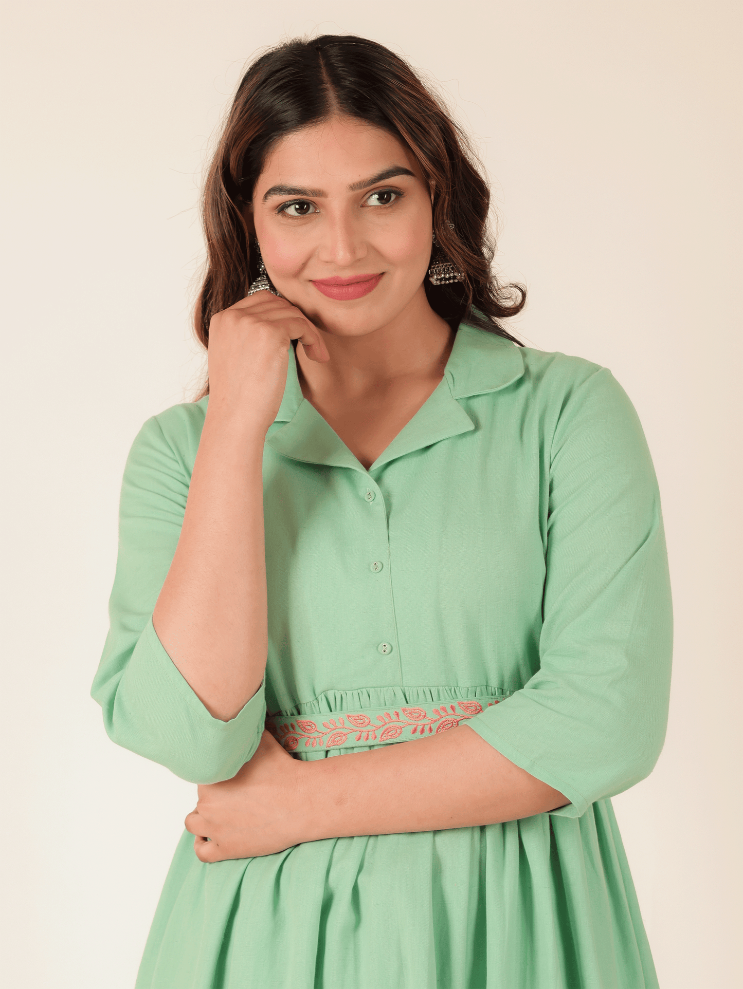 Linen Cotton Solid A-line Green Kurta