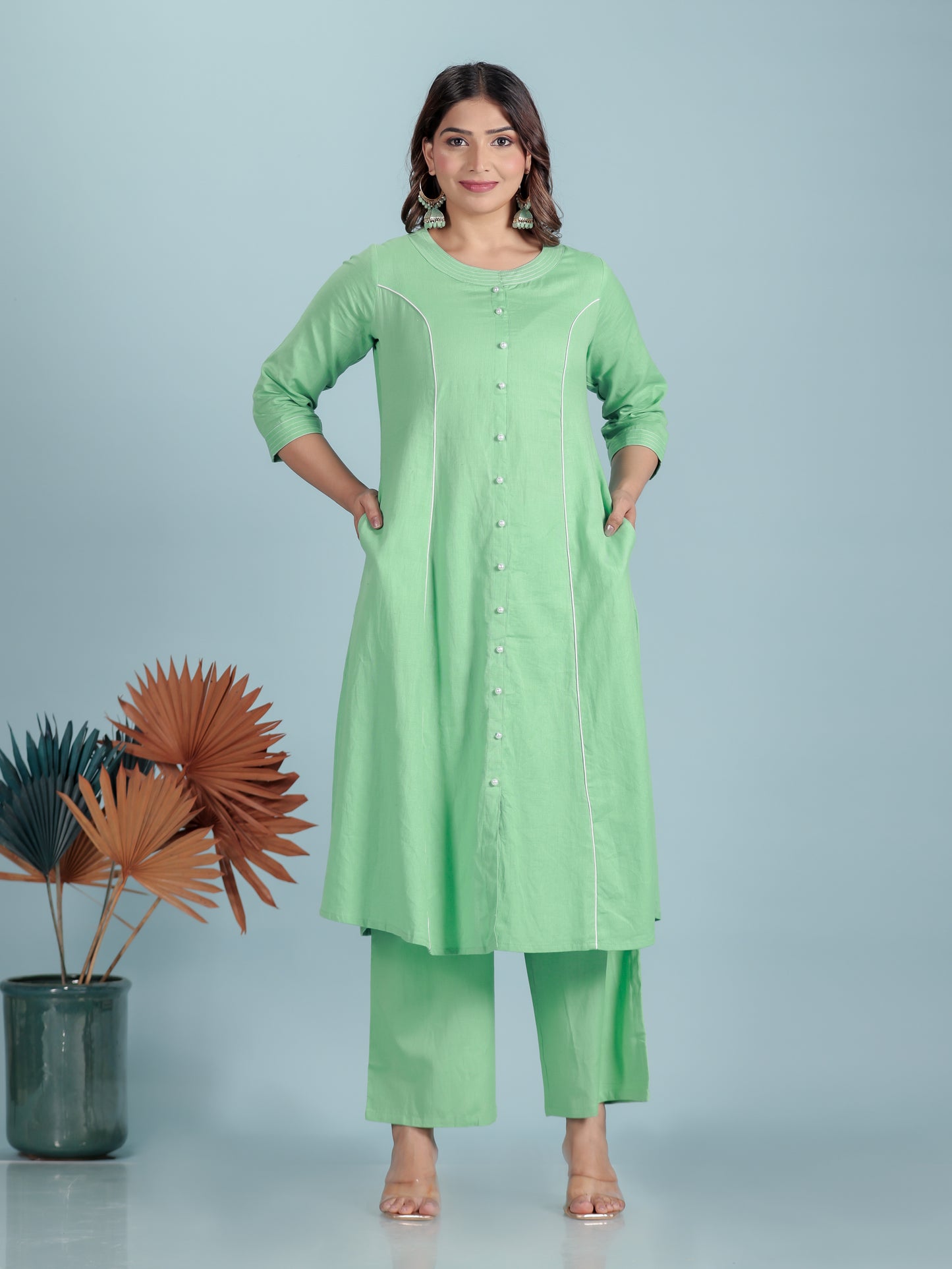 Linen Cotton Solid A-line Green Kurta
