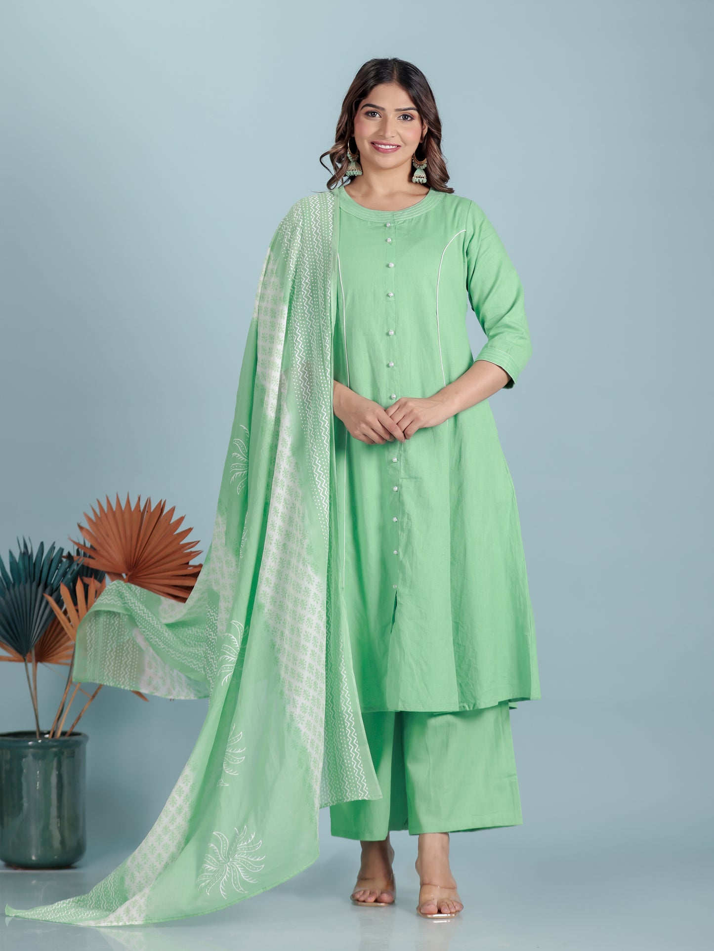 Linen Cotton Solid A-line Green Kurta