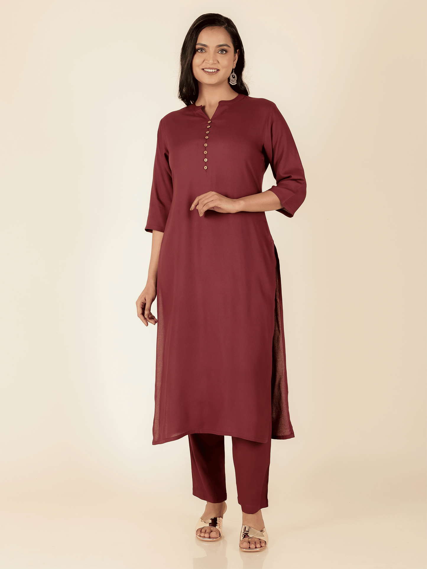 Viscose Solid Straight Maroon Kurta