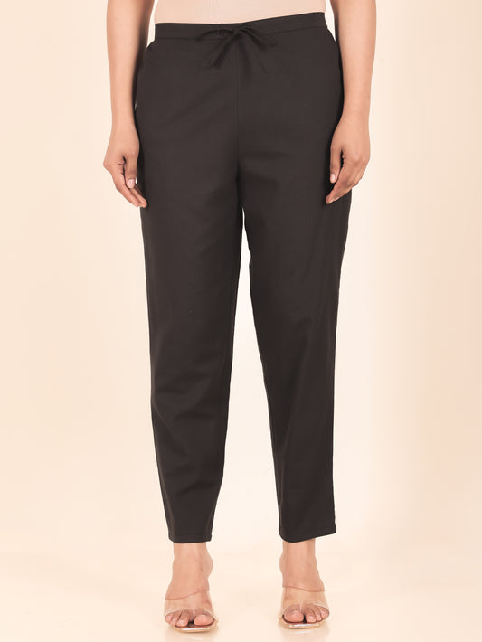Linen Cotton Solid Black Tapered Trousers