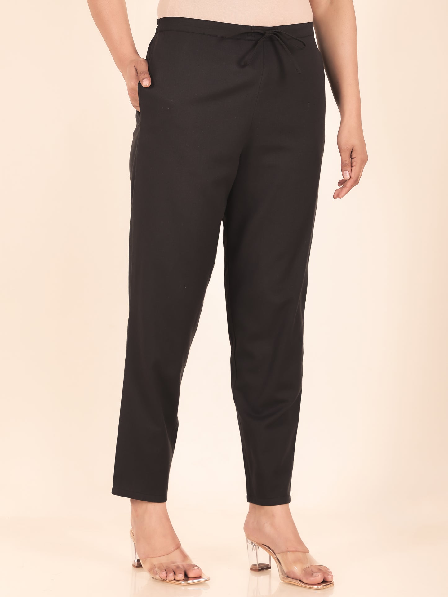 Linen Cotton Solid Black Tapered Trousers