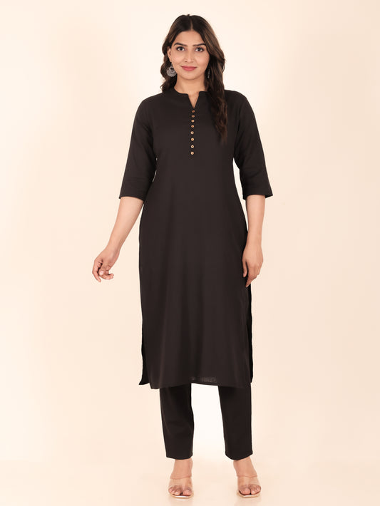 Linen Cotton Solid Straight Black Kurta