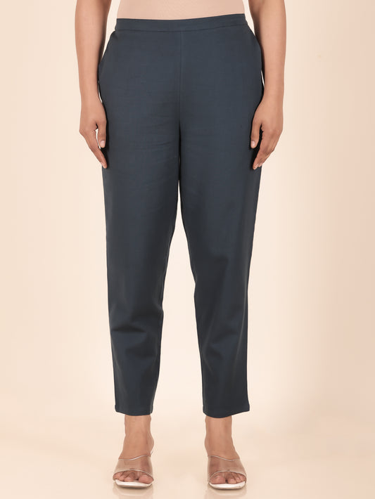 Linen Cotton Solid Blue Tapered Trousers