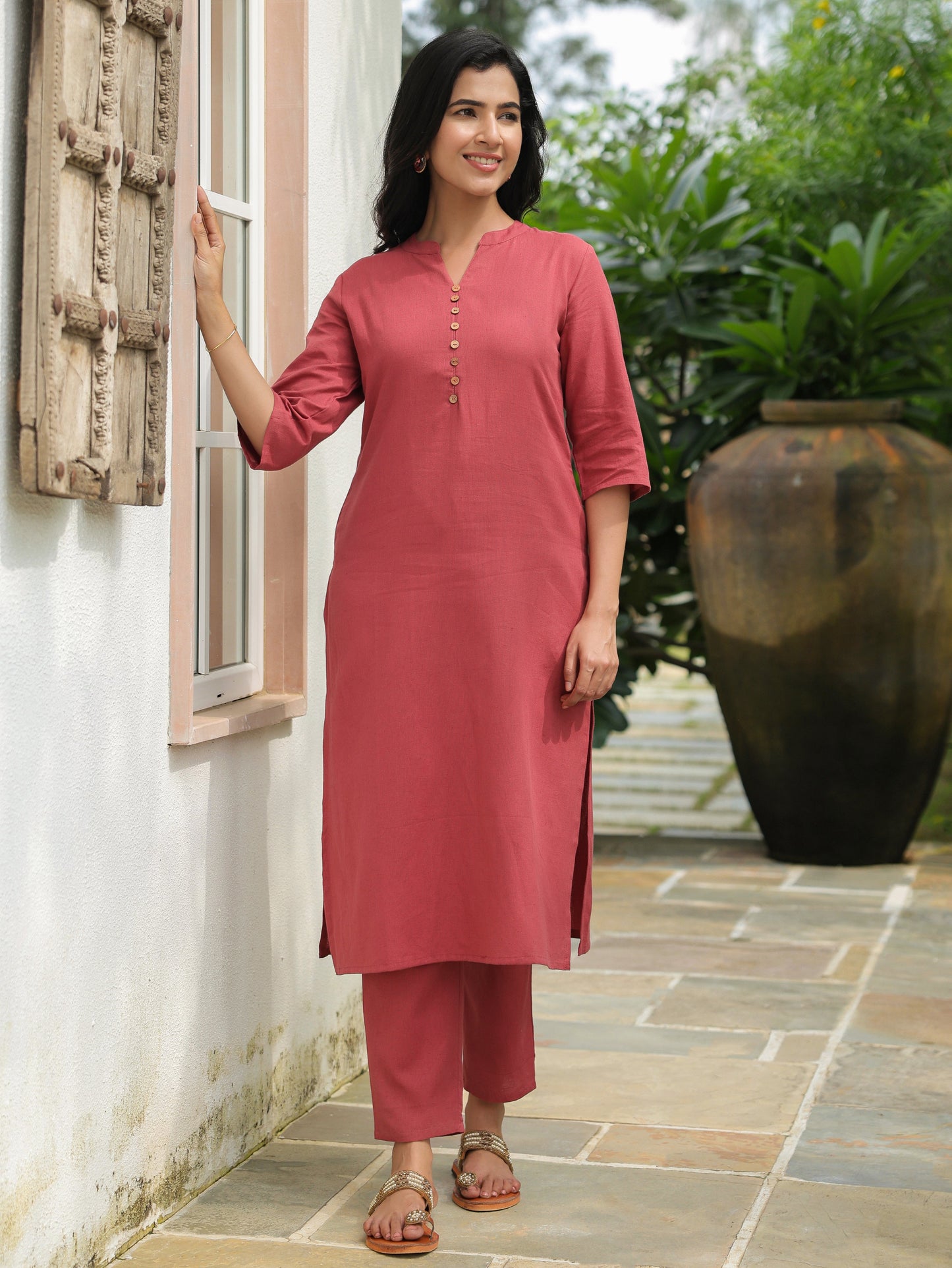 Linen Cotton Solid Straight Purple Kurta