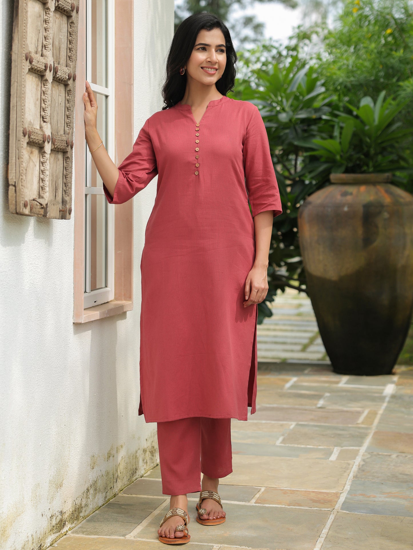 Linen Cotton Solid Straight Rust Pink Kurta