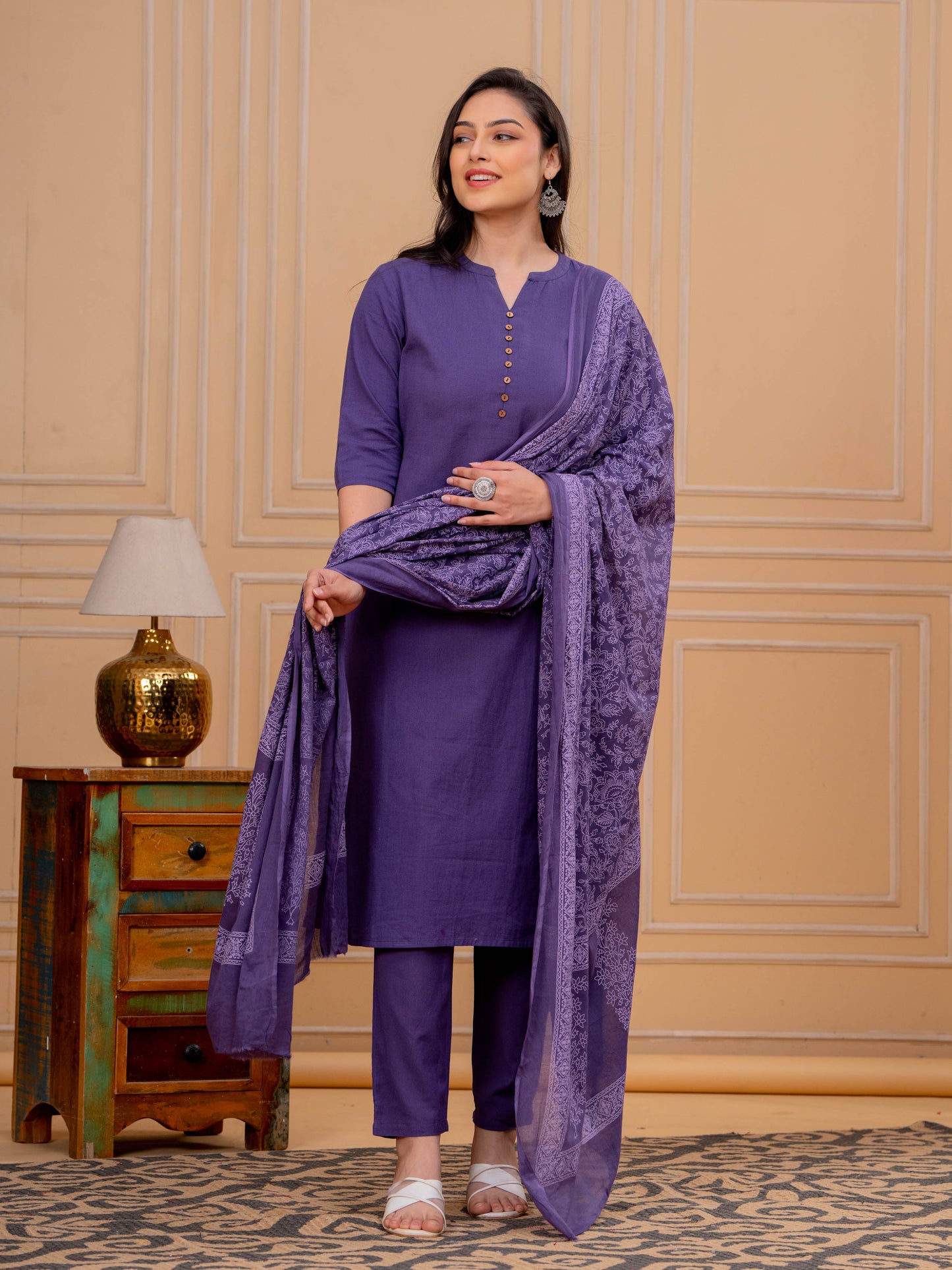 Linen Cotton Solid Straight Purple Kurta