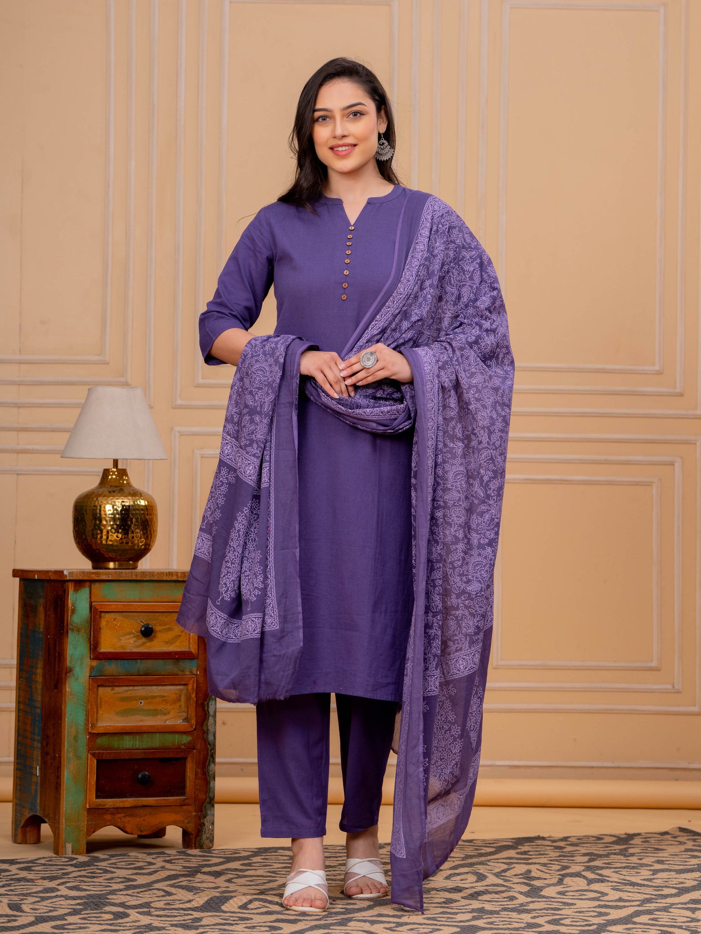 Linen Cotton Solid Straight Purple Kurta