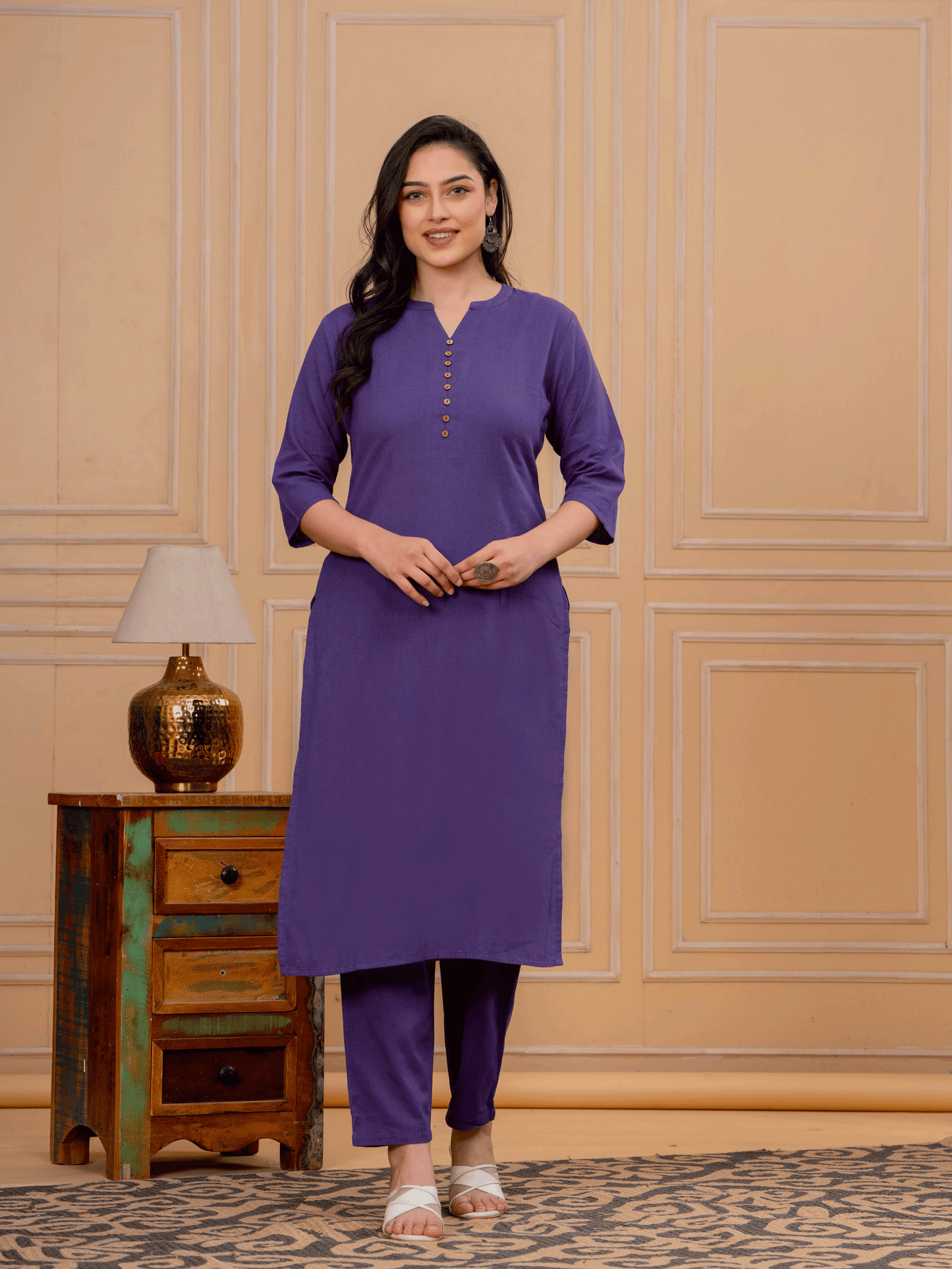 Linen Cotton Solid Straight Purple Kurta