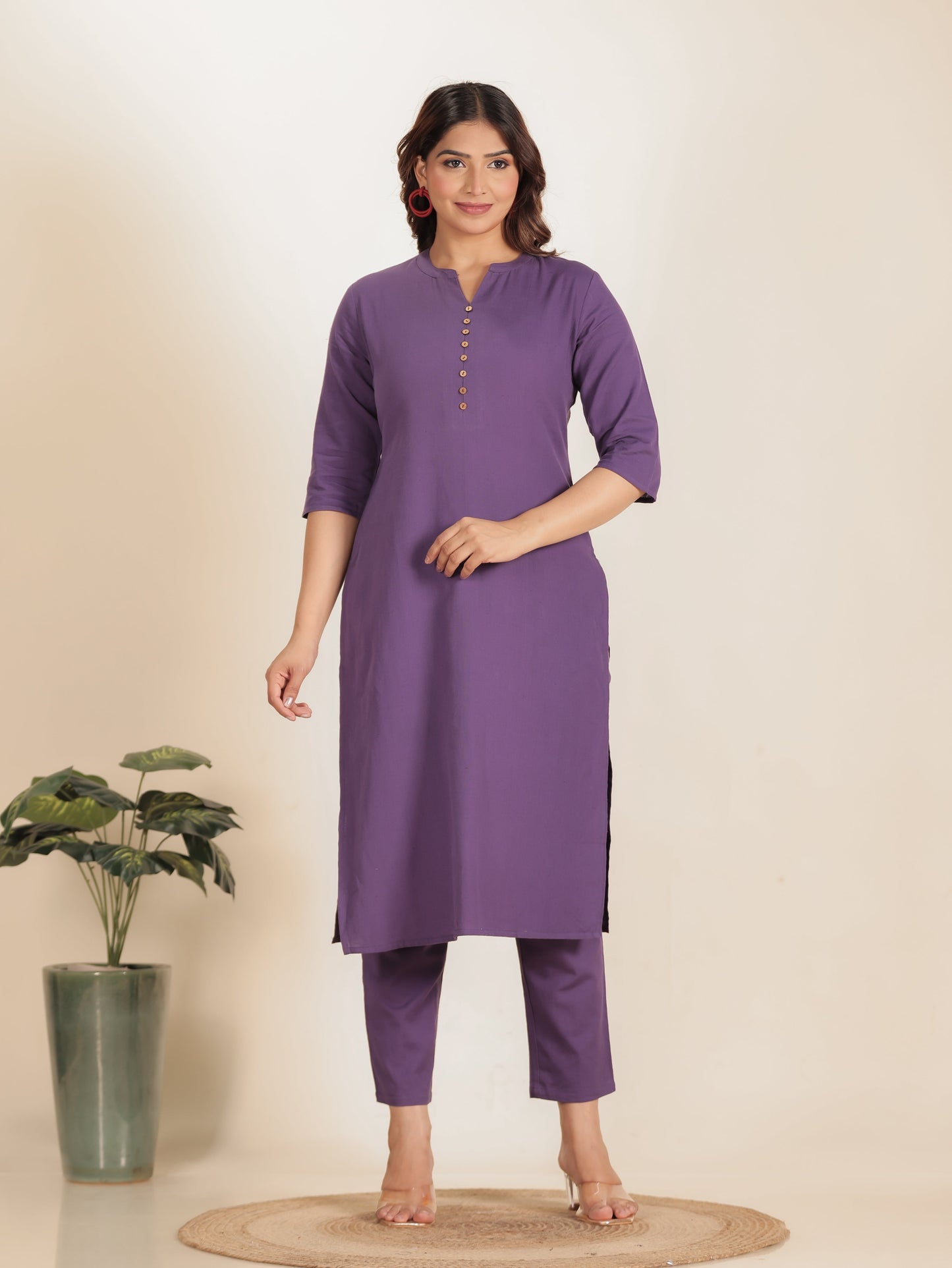 Linen Cotton Solid Straight Purple Kurta