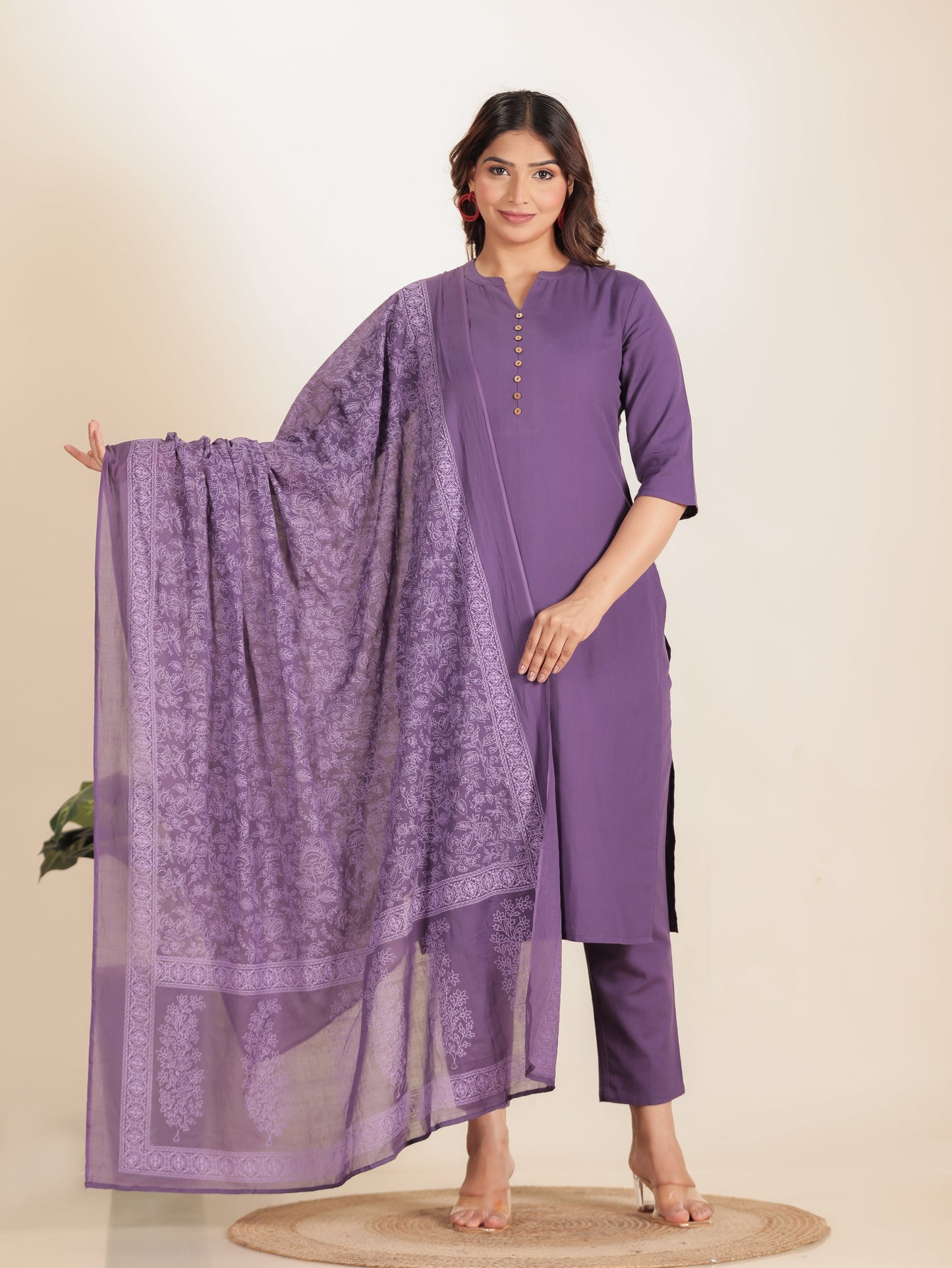 Linen Cotton Solid Straight Purple Kurta