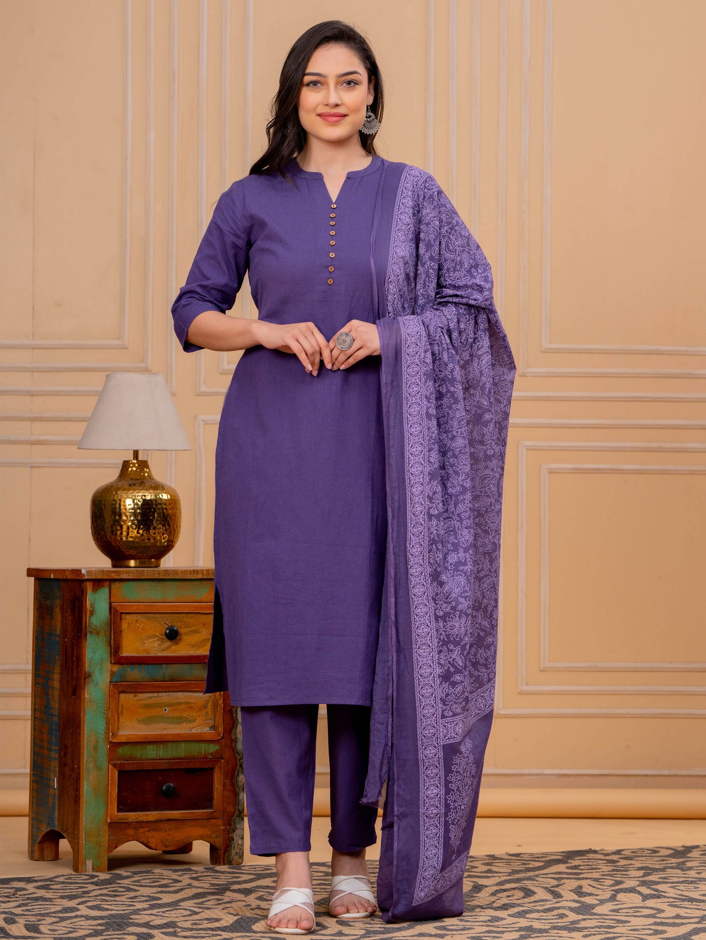 Linen Cotton Solid Straight Purple Kurta
