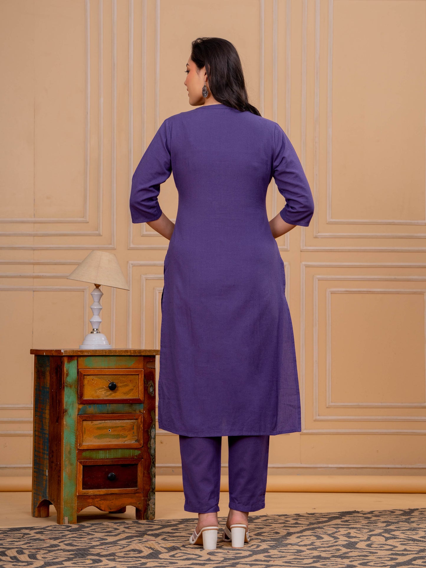 Linen Cotton Solid Straight Purple Kurta