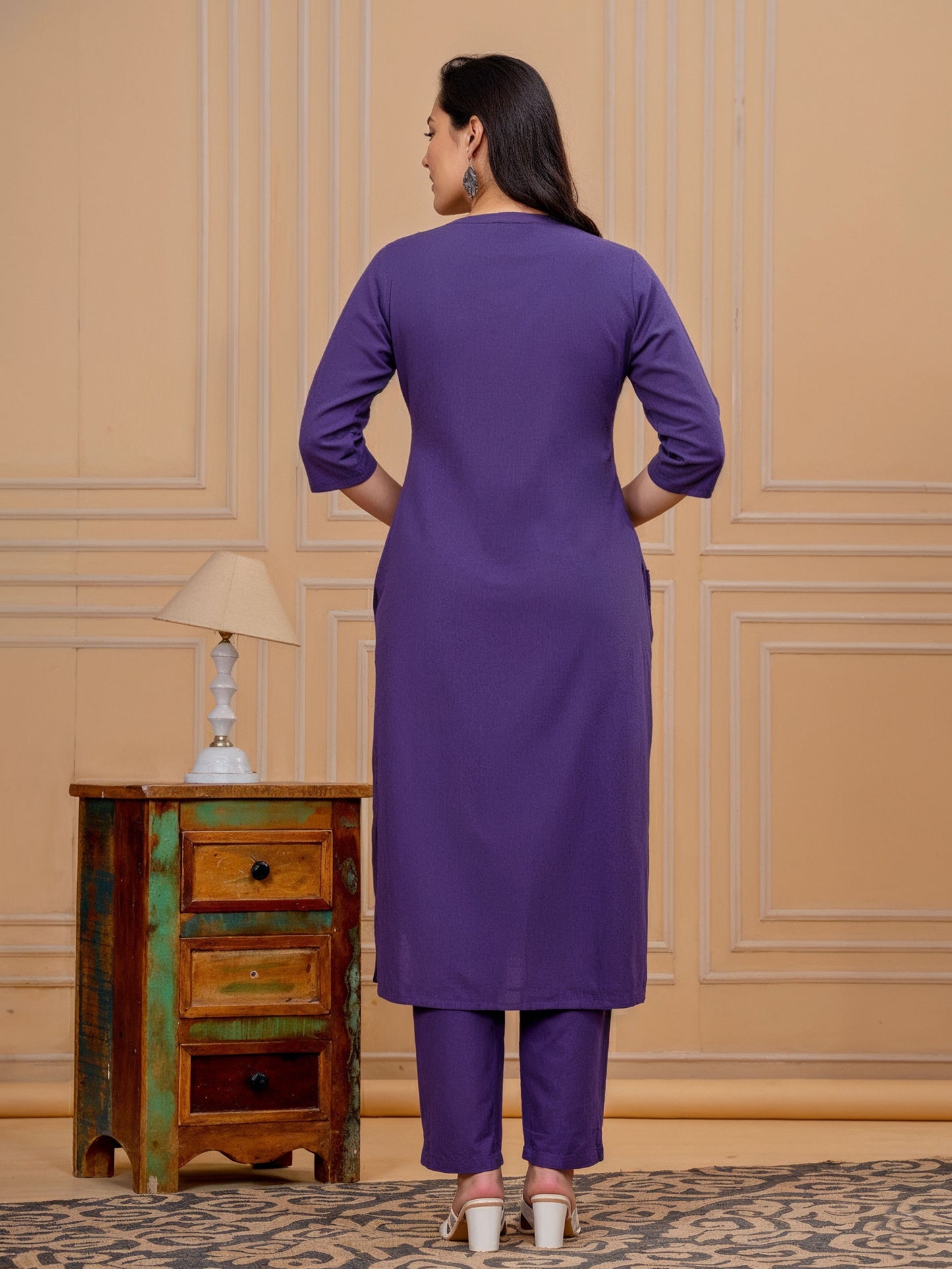 Linen Cotton Solid Straight Purple Kurta