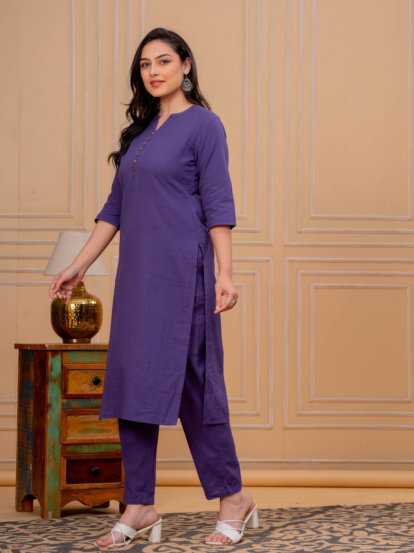 Linen Cotton Solid Straight Purple Kurta