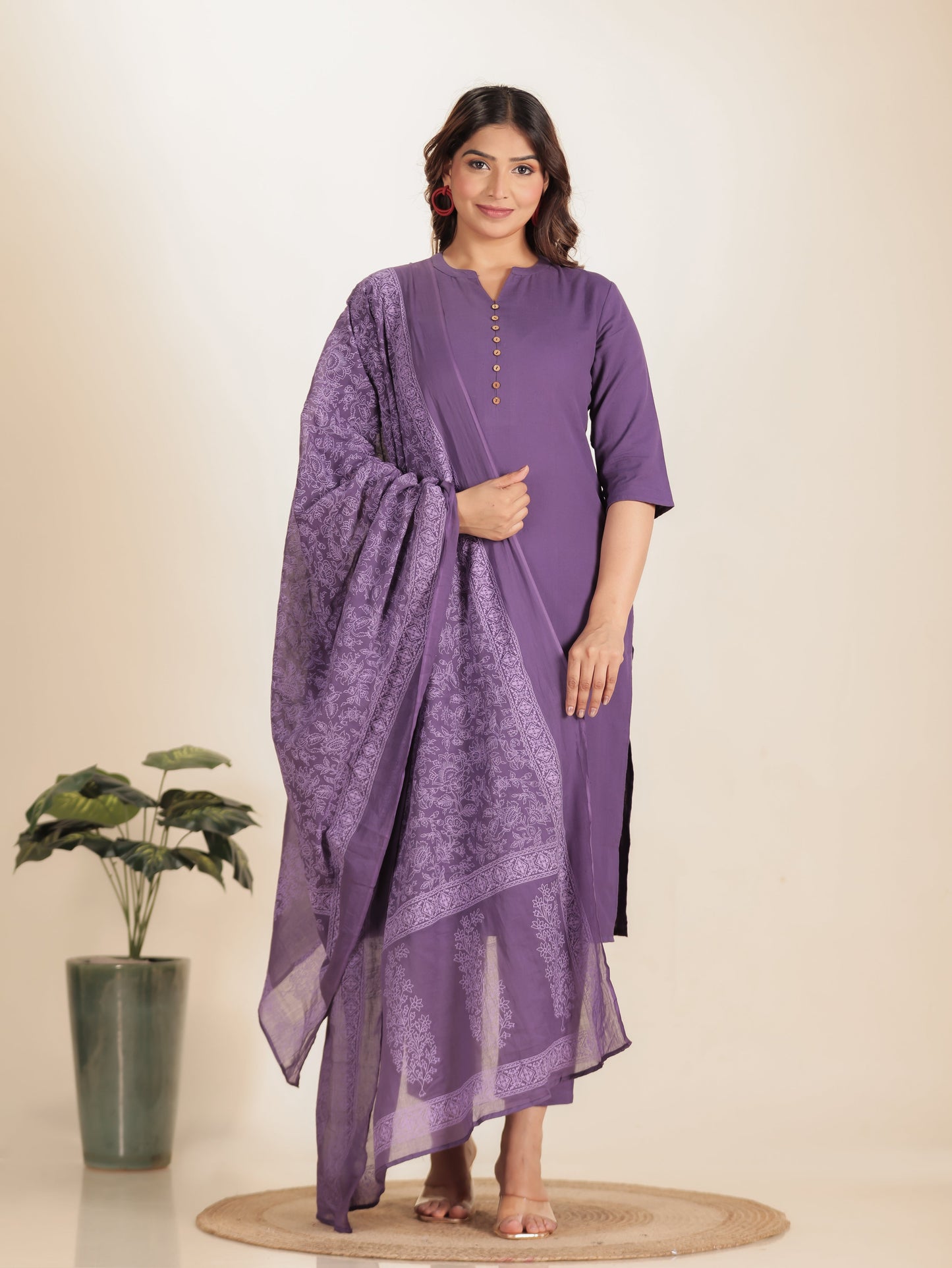 Linen Cotton Solid Straight Purple Kurta