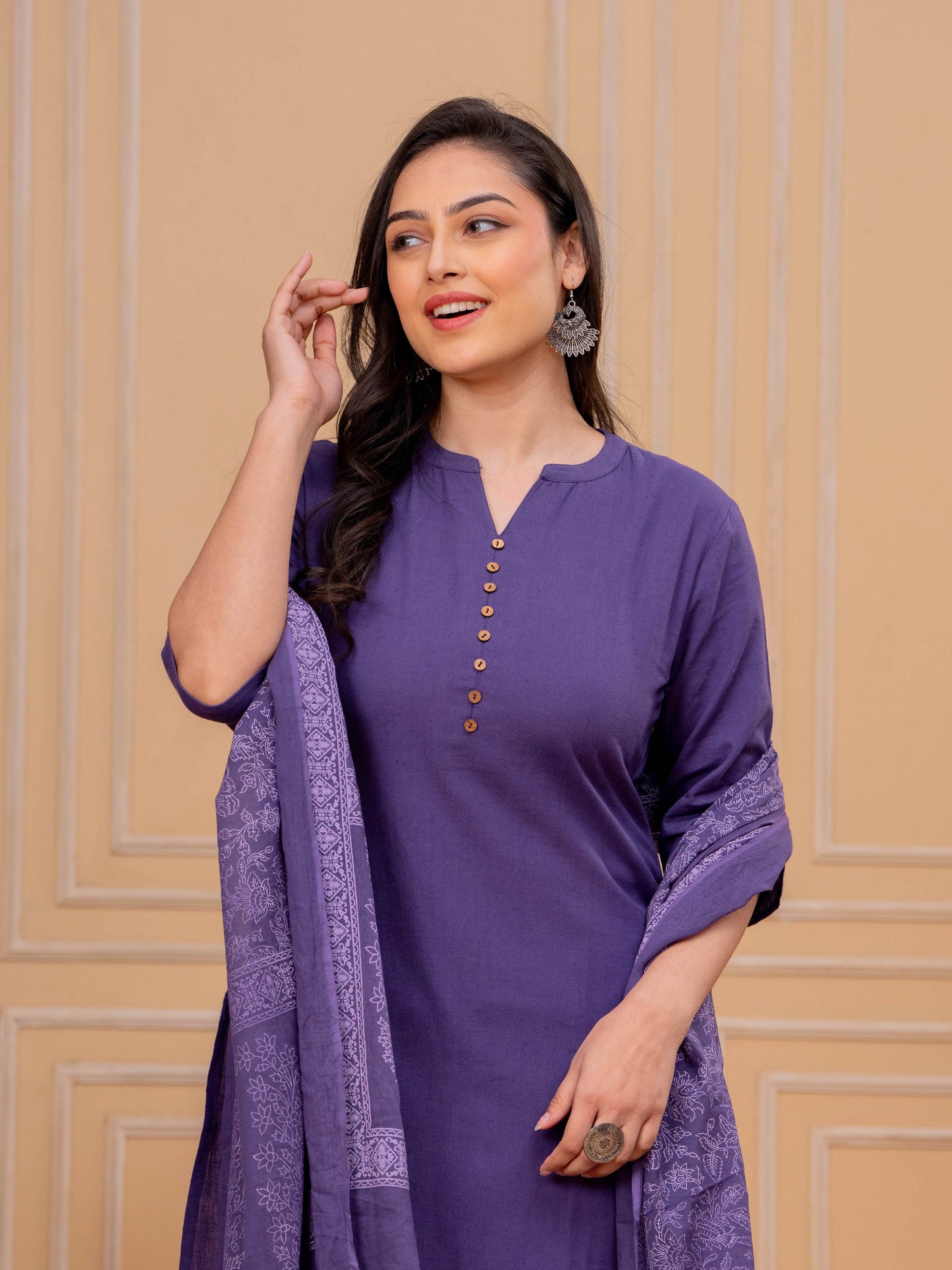 Linen Cotton Solid Straight Purple Kurta