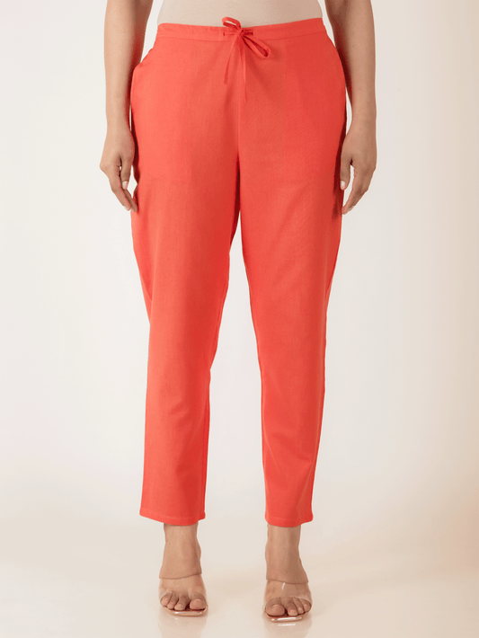 Linen Cotton Solid Orange Tapered Trousers