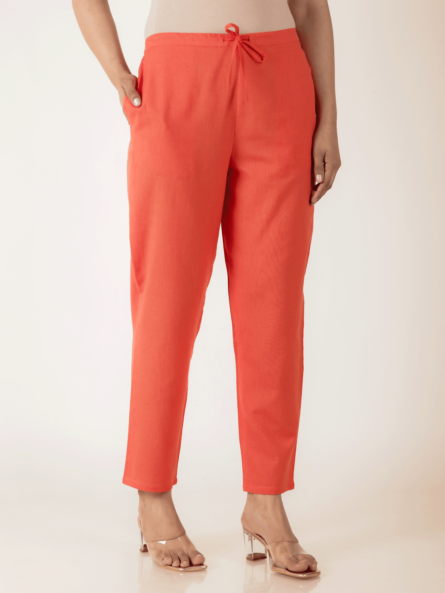 Linen Cotton Solid Orange Tapered Trousers