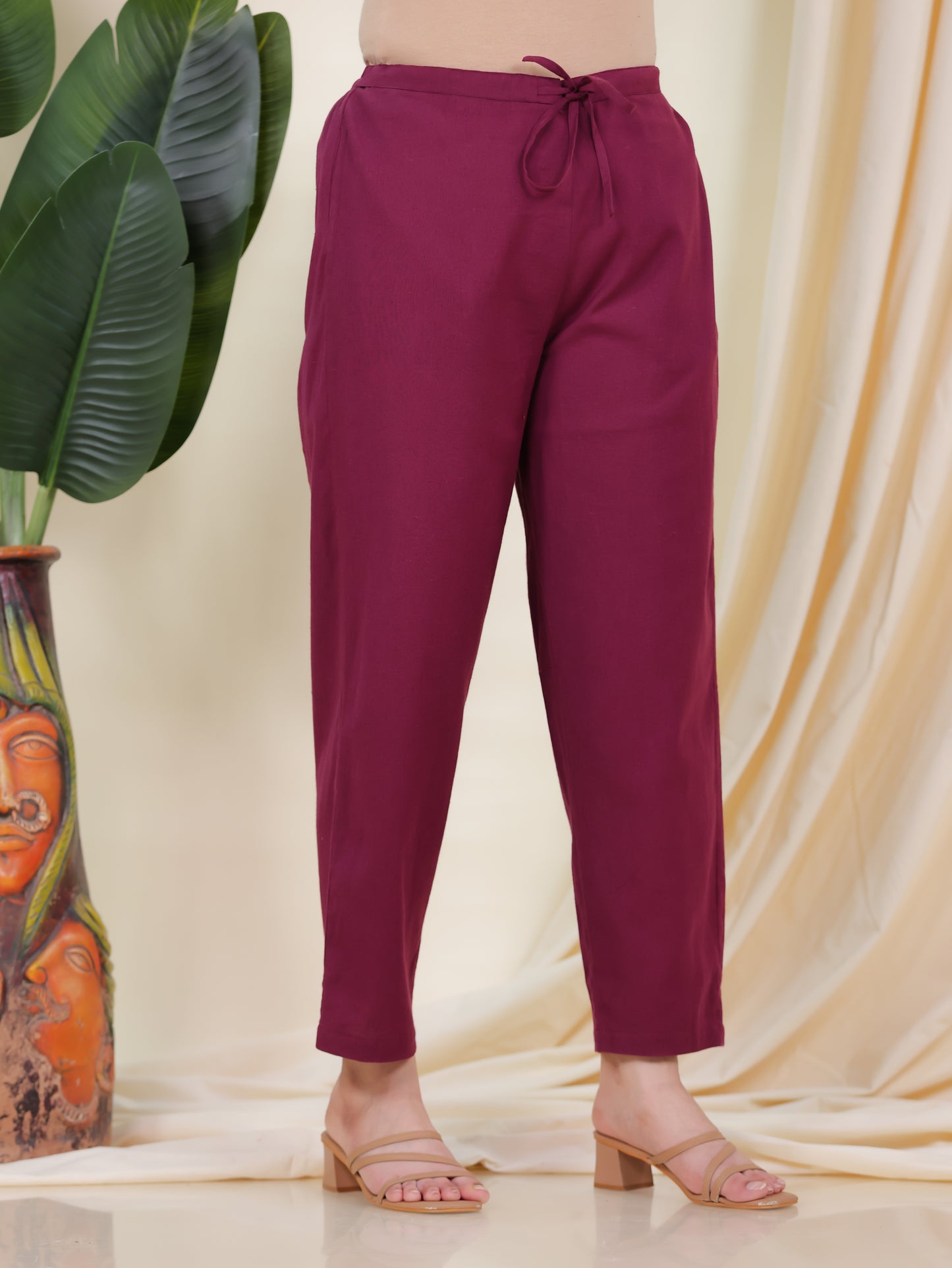Linen Cotton Solid Maroon Tapered Trousers