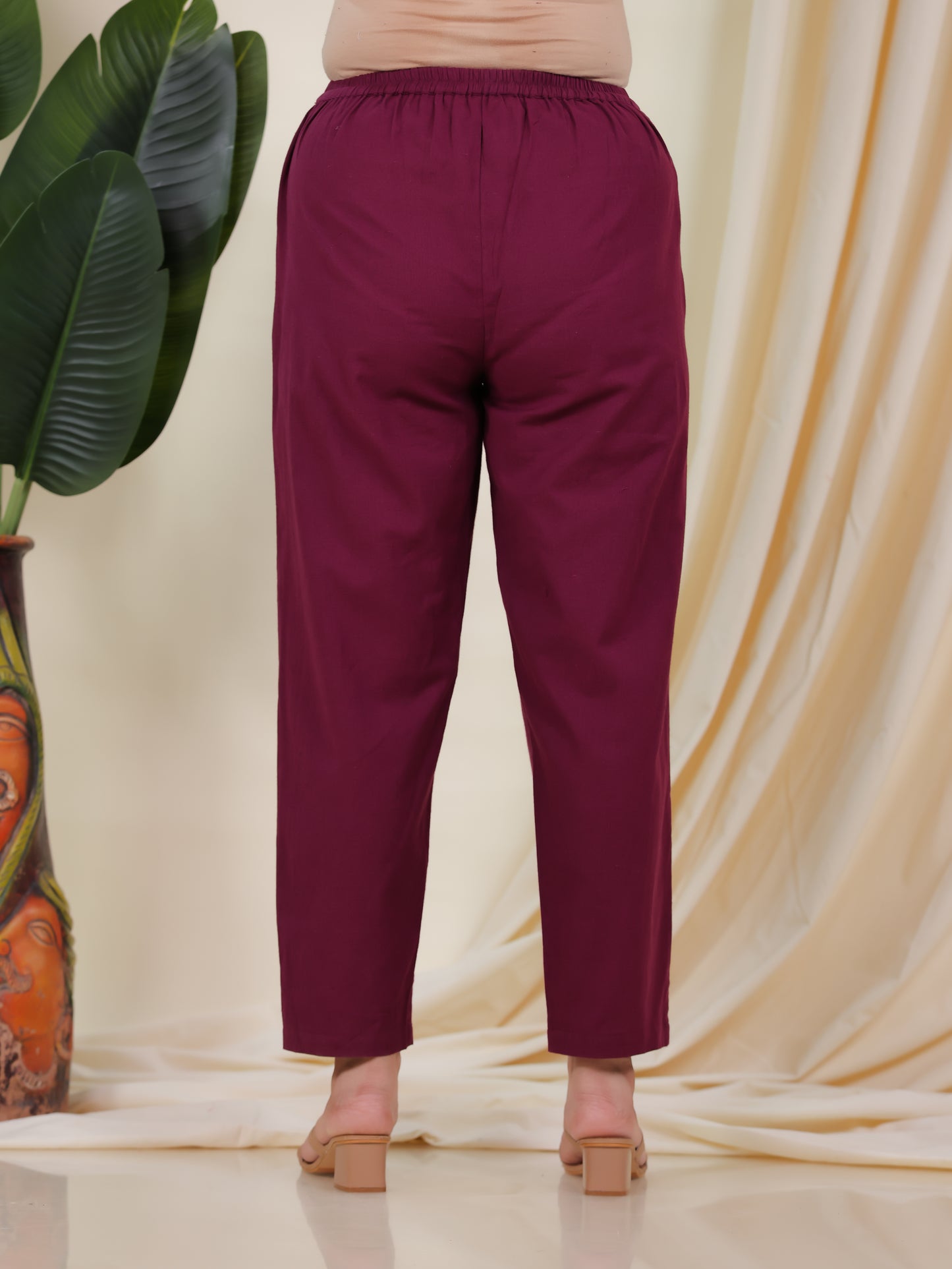 Linen Cotton Solid Maroon Tapered Trousers